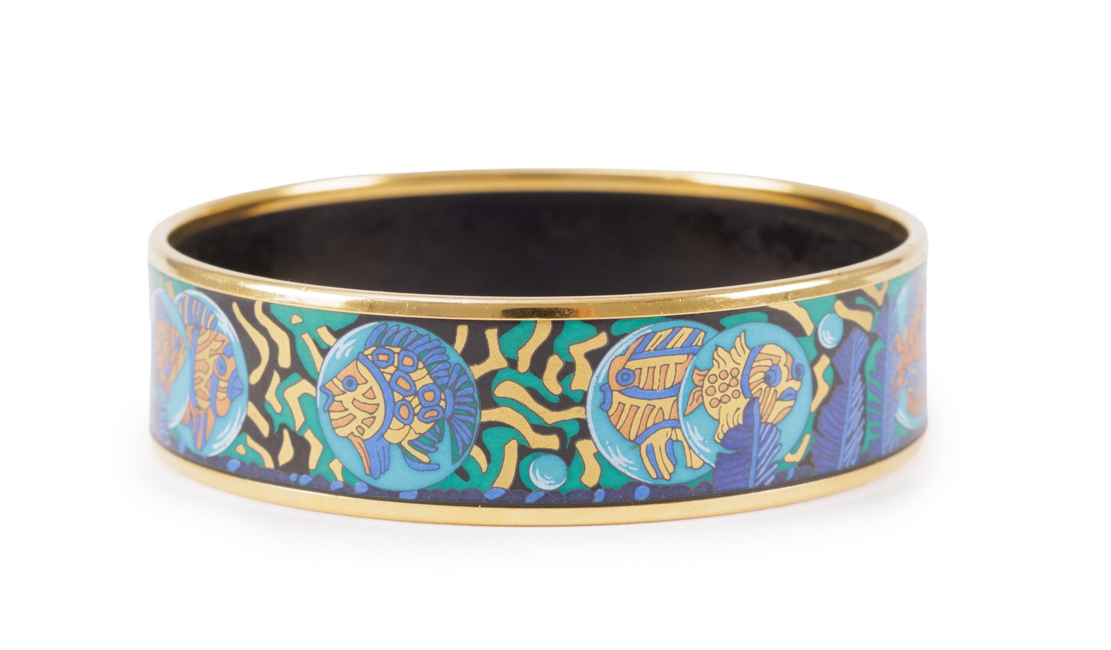 Hermès, bracelet émail imprimé et plaqué or, housse, diam. 7 cm, larg. 1,8 cm: Hermès, bracelet émail imprimé et plaqué or, housse, diam. 7 cm, larg. 1,8 cm