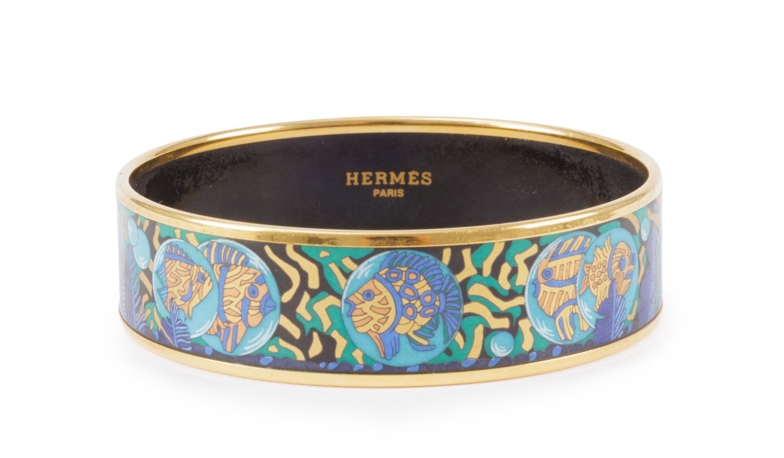 Hermès, bracelet émail imprimé et plaqué or, housse, diam. 7 cm, larg. 1,8 cm - 2