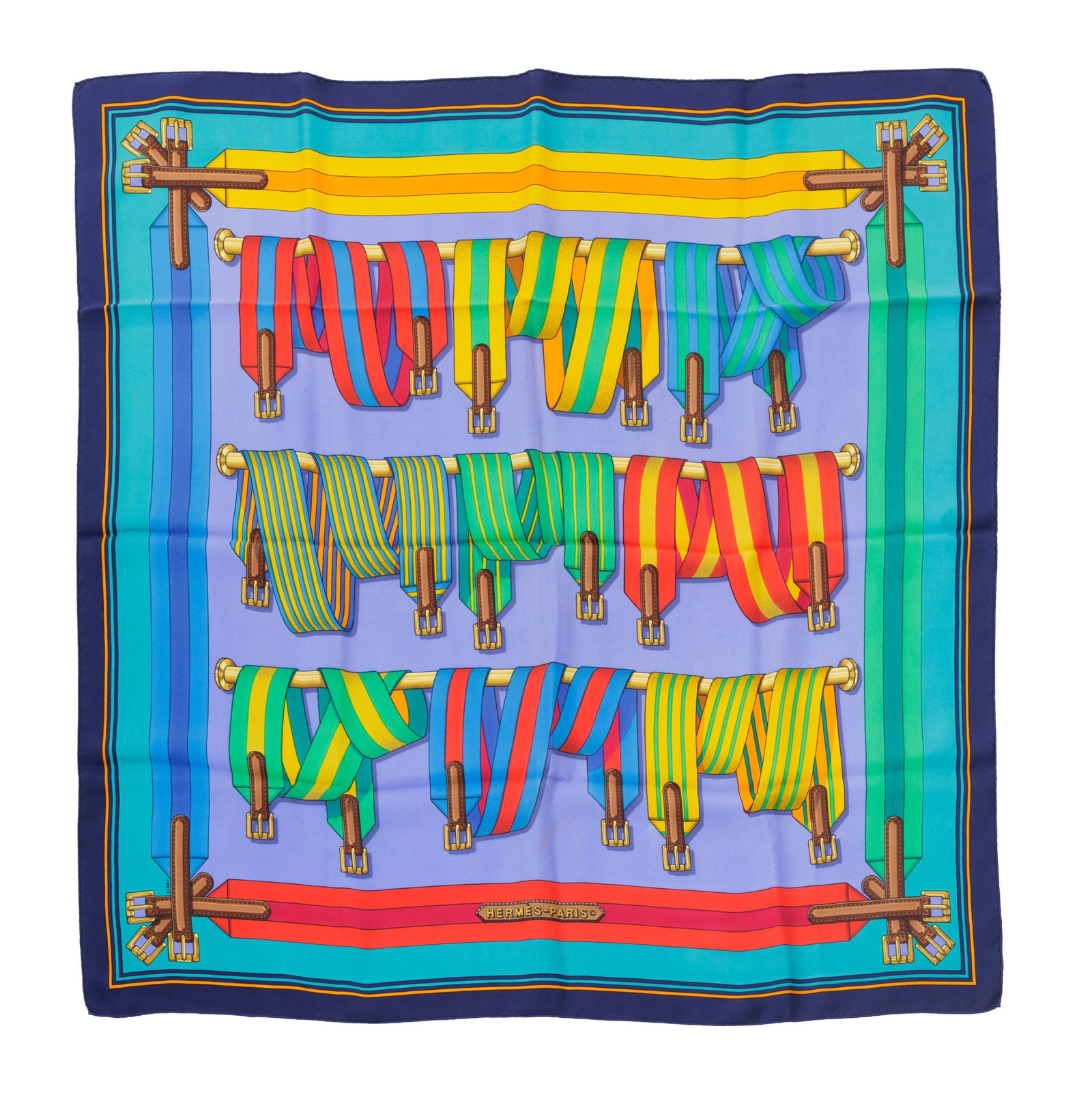 Hermès, carré en twill se soie imprimé: Sangles, bord bleu marine, 90x90 cm: Hermès, carré en twill se soie imprimé: Sangles, bord bleu marine, 90x90 cm