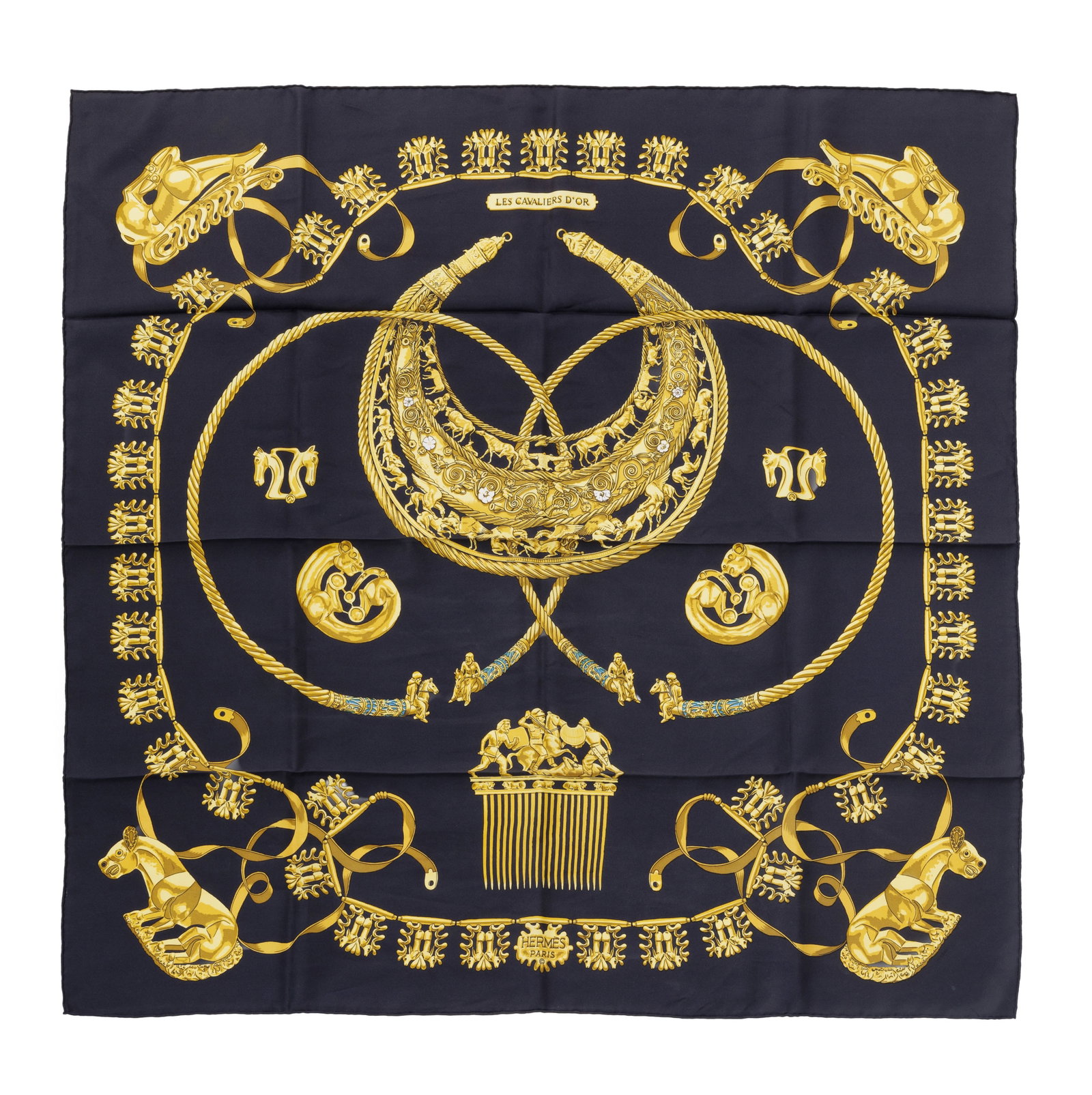 Hermès, carré en twill de soie imprimé: Les Cavaliers d’Or, fond noir, 90x90 cm: Hermès, carré en twill de soie imprimé: Les Cavaliers d’Or, fond noir, 90x90 cm