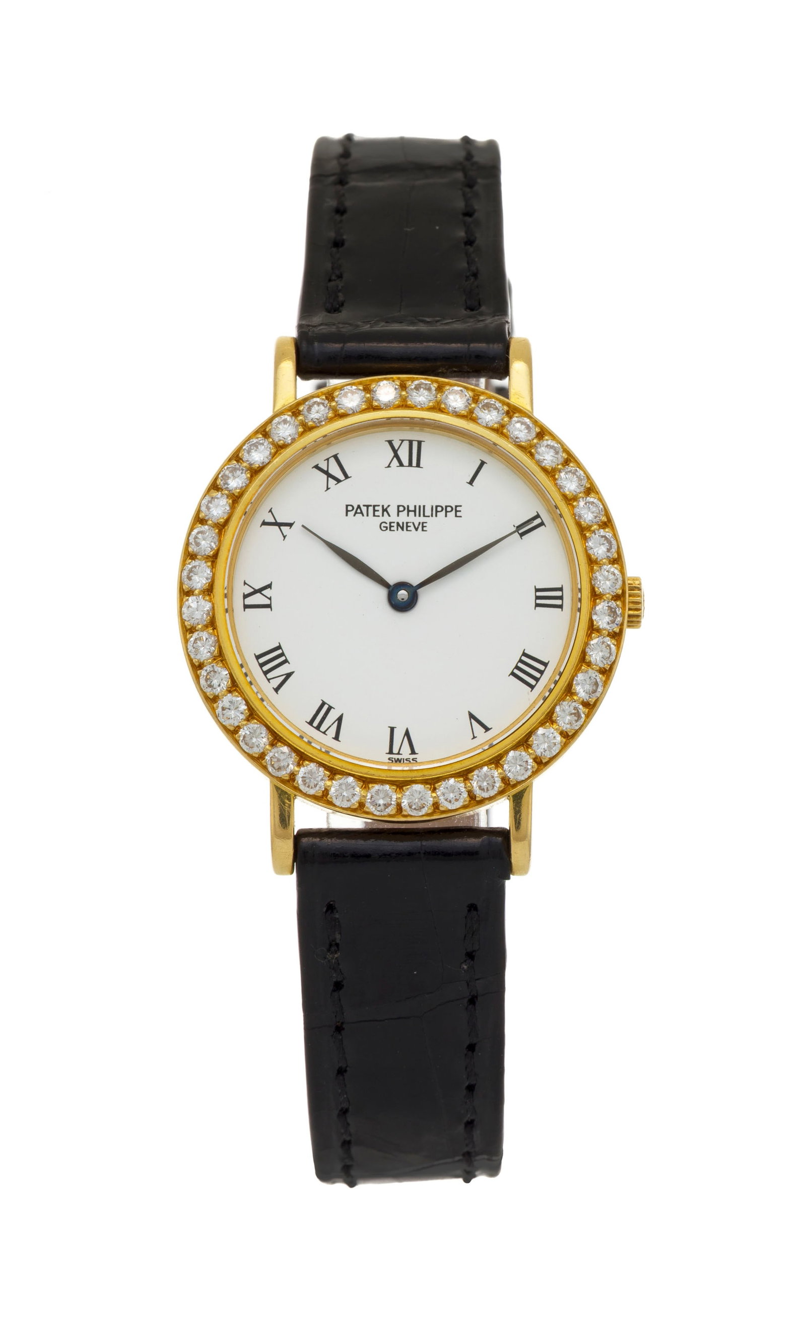 Patek Philippe, Calatrava, réf. 4820, montre en or 750 sertie de de diamants Mouvement: cal. : Patek Philippe, Calatrava, réf. 4820, montre en or 750 sertie de de diamants Mouvement: cal. E15, quartz, 6 rubis, n°1612954 Boîtier: n°2902661, diam. 25 mm Bracelet Patek