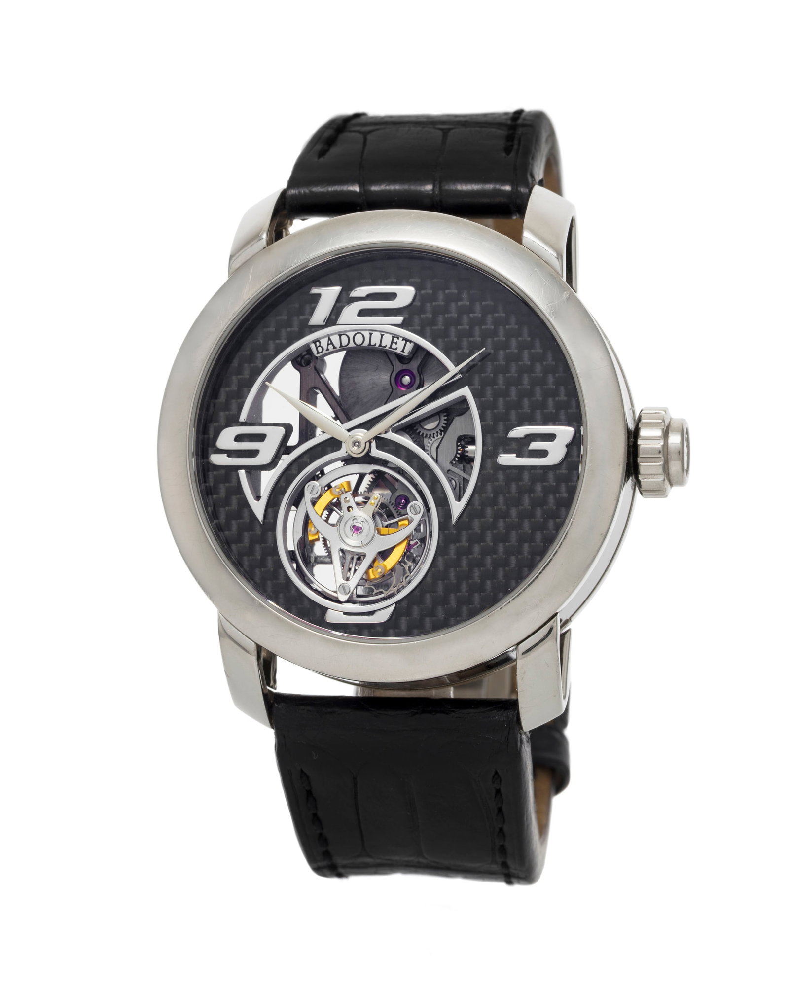 Badollet, Crystalball Bamboo, Pièce Unique, montre partiellement squelette en or gris 750 orn&#: Badollet, Crystalball Bamboo, Pièce Unique, montre partiellement squelette en or gris 750 ornée d'un tourbillon volant surmonté de la petite seconde, pourtour du boîtier en onyx,