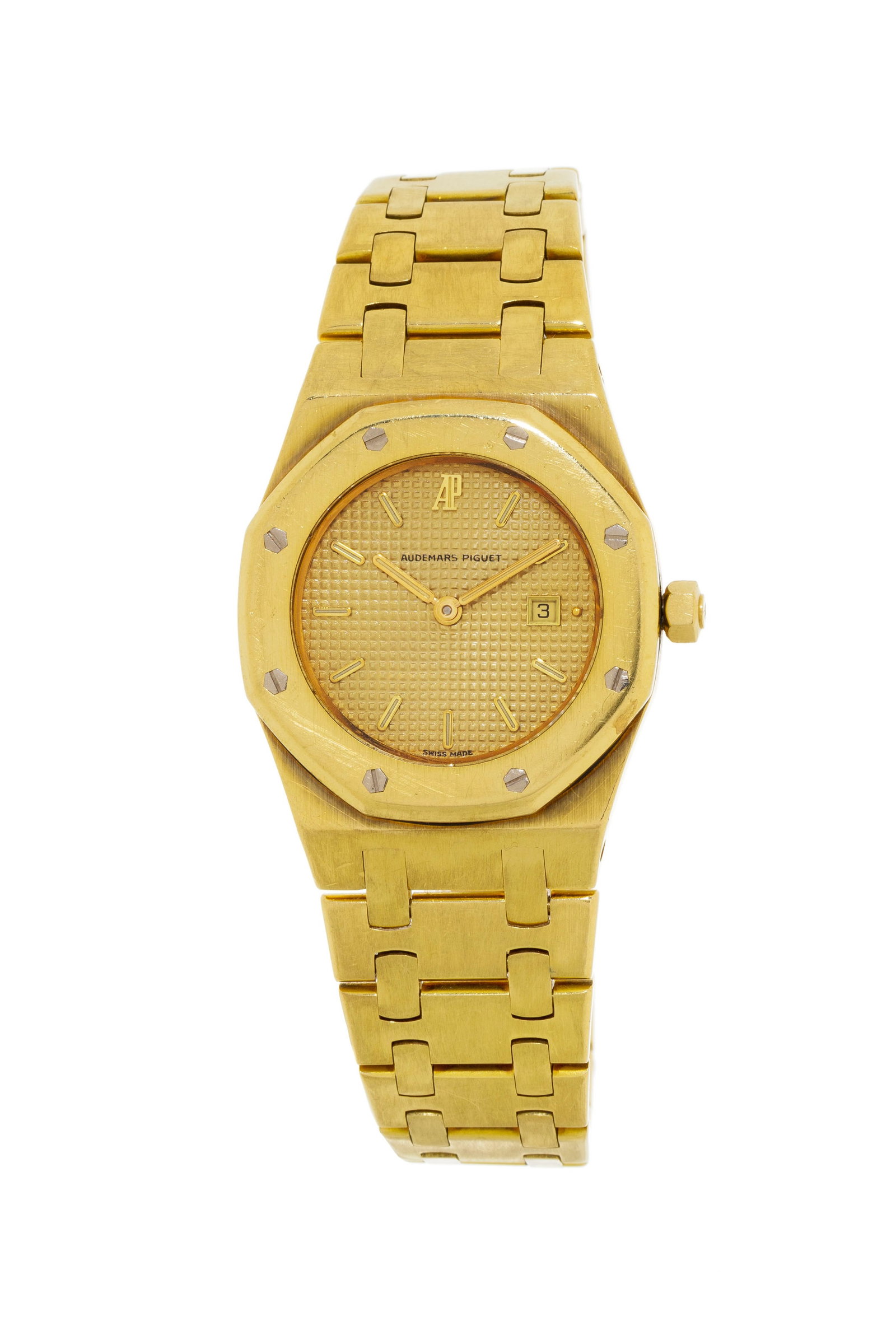 Audemars Piguet, Royal Oak, montre-bracelet en or 750, années 1980 Mouvement: cal. 2711, quar: Audemars Piguet, Royal Oak, montre-bracelet en or 750, années 1980 Mouvement: cal. 2711, quartz, 8 rubis Boîtier: n°125, diam. 30 mm Complication: date à guichet Signature: