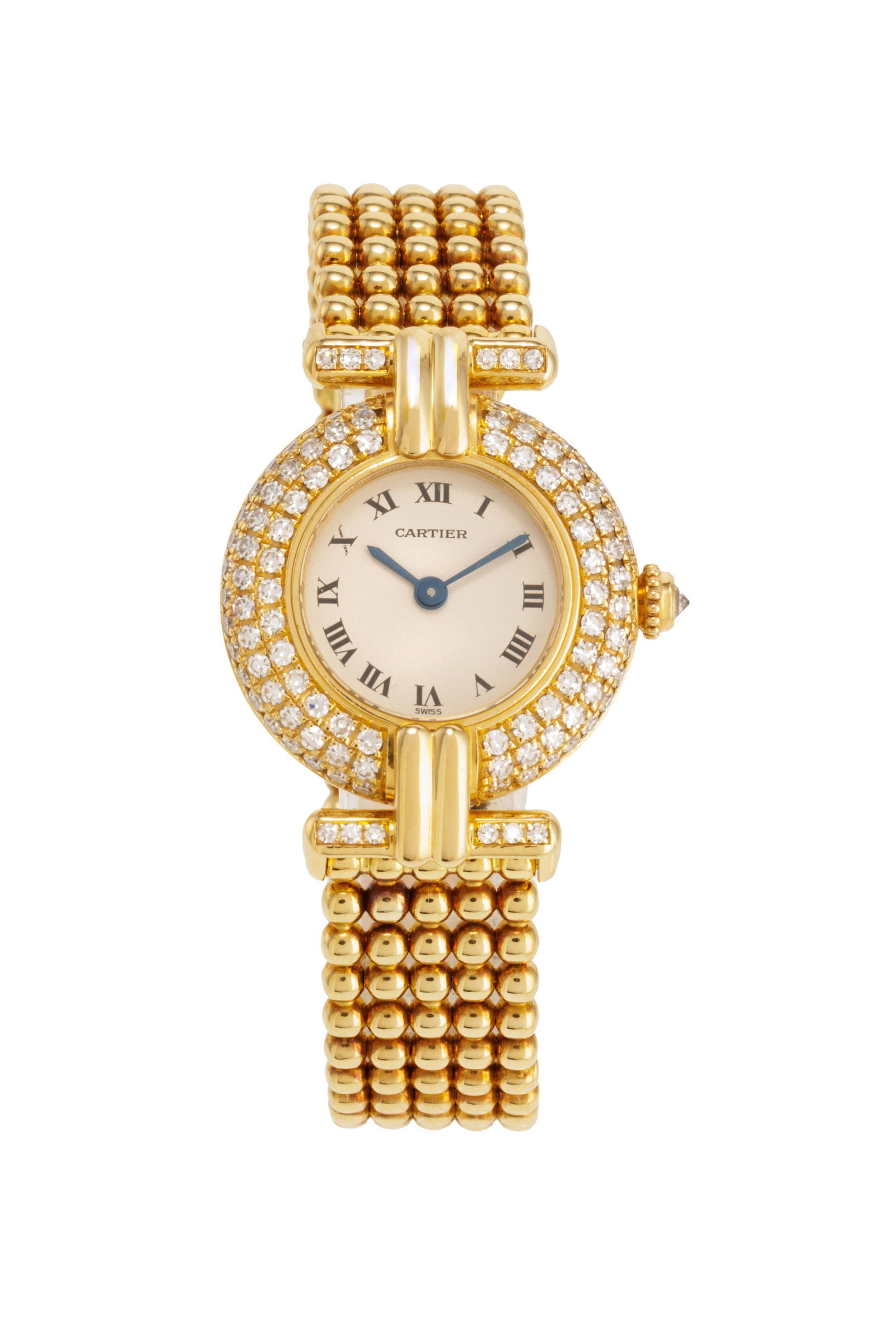 Cartier, Colisée, réf. 1980 1, montre-bracelet en or 750 sertie de diamants Mouvement: c: Cartier, Colisée, réf. 1980 1, montre-bracelet en or 750 sertie de diamants Mouvement: cal. 057, quartz, 4 rubis Boîtier: n°C6558, diam. 23 mm Signature: cadran, mouvement, boî
