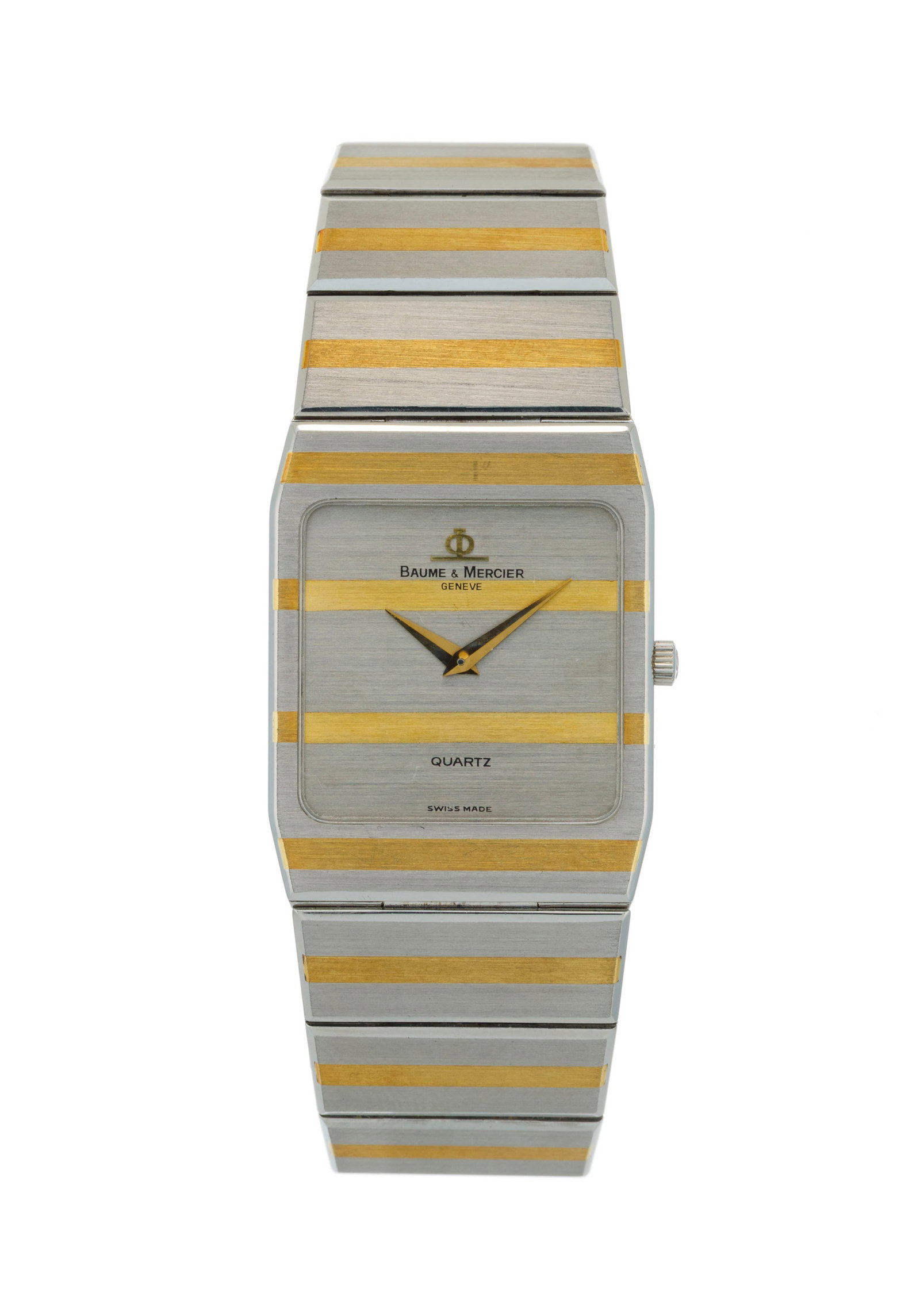Baume & Mercier, Monte Carlo, _"Zèbre"_, réf. 5739.038, montre-bracelet en acier bicolore : Baume & Mercier, Monte Carlo, "Zèbre", réf. 5739.038, montre-bracelet en acier bicolore brossé Mouvement: quartz Boîtier: n°1253254, larg. 25 mm Signature: cadran,