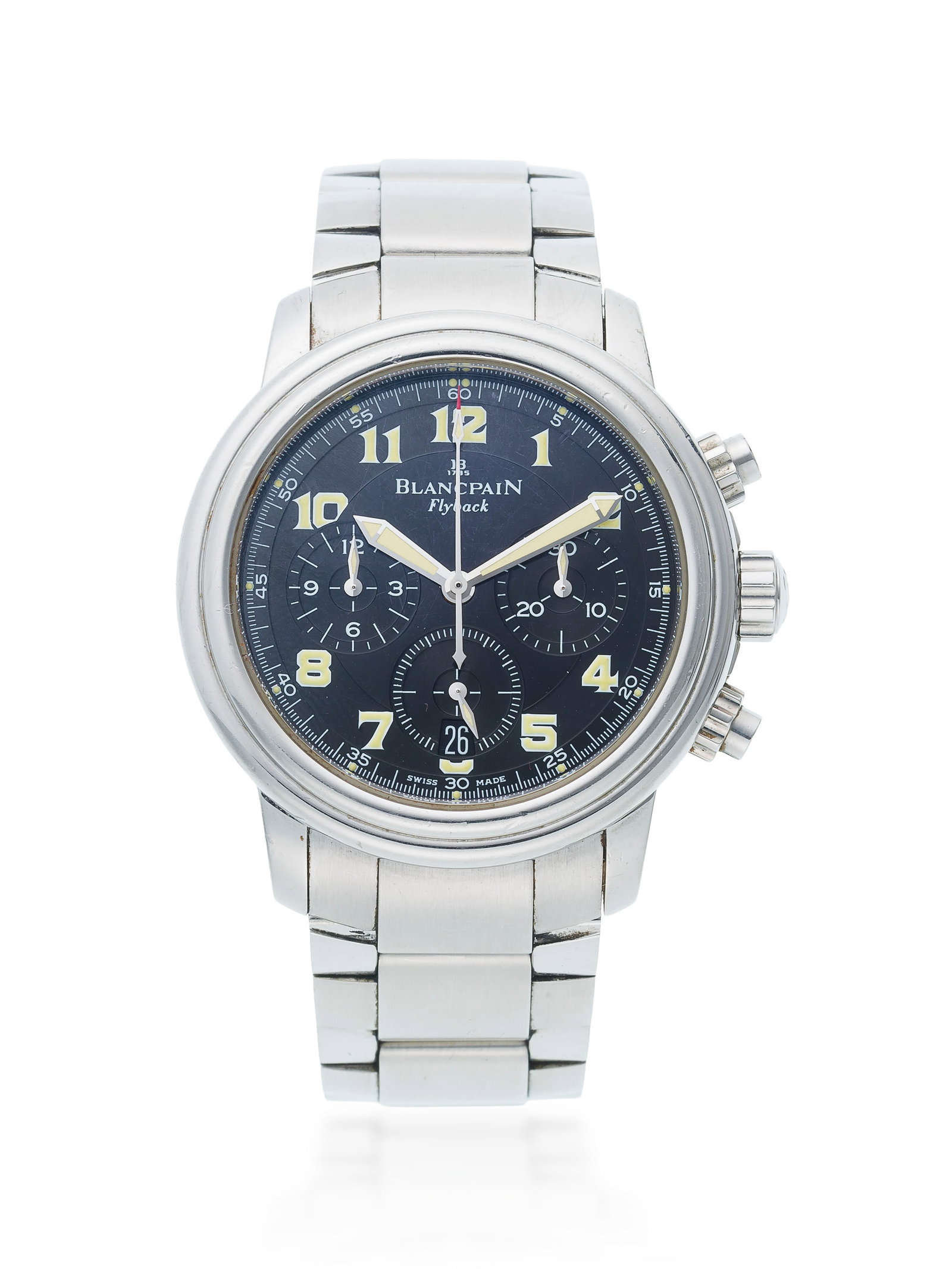 Blancpain, Flyback, montre-bracelet chronographe en acier avec retour en vol Mouvement: cal. F185,: Blancpain, Flyback, montre-bracelet chronographe en acier avec retour en vol Mouvement: cal. F185, automatique, 37 rubis Boîtier: n°1780, diam. 38 mm Complications: chronographe à 2