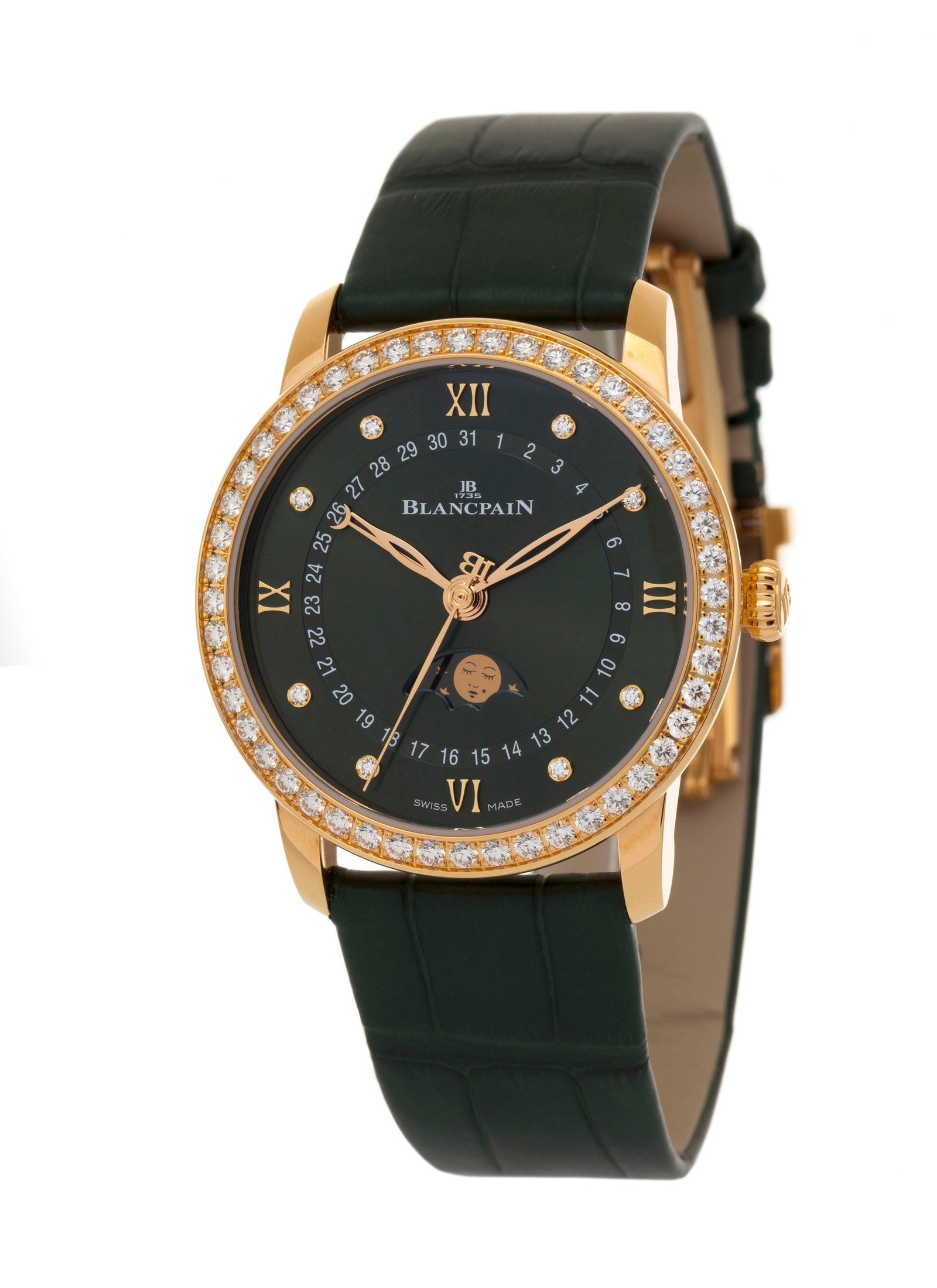 Blancpain, Villeret Quantième Phases de Lune, réf. 6126-2953-55B, montre en or rose 750 av: Blancpain, Villeret Quantième Phases de Lune, réf. 6126-2953-55B, montre en or rose 750 avec index et lunette sertis de diamants Mouvement: cal. 913QL.P, automatique, 20 rubis Boîtier: