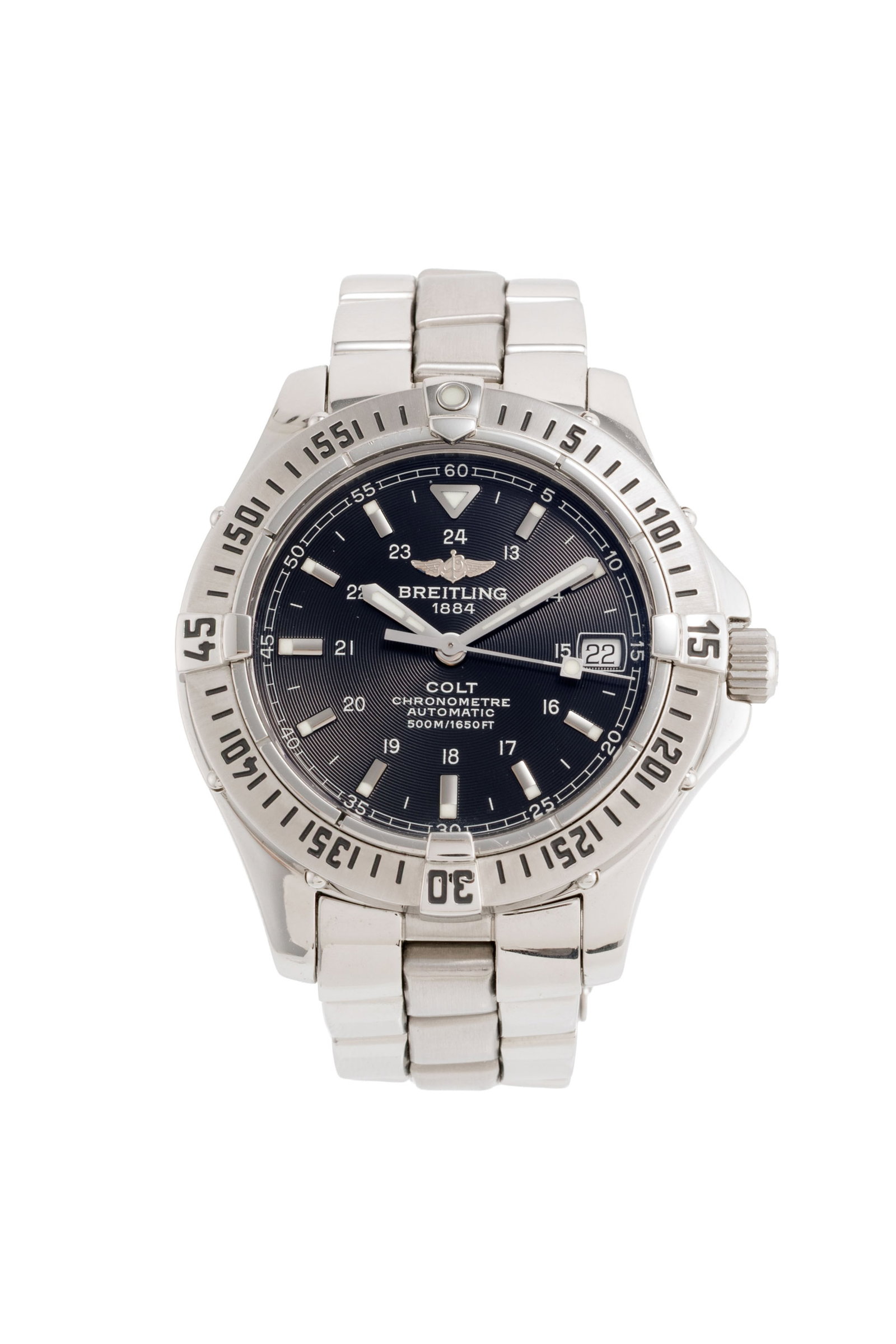 Breitling, Colt, réf. A17350, montre-bracelet en acier Mouvement: cal. ETA 2824-2, automatiqu: Breitling, Colt, réf. A17350, montre-bracelet en acier Mouvement: cal. ETA 2824-2, automatique, n°55794 Boîtier: n°559794, diam. 38 mm, lunette tournante unidirectionnelle