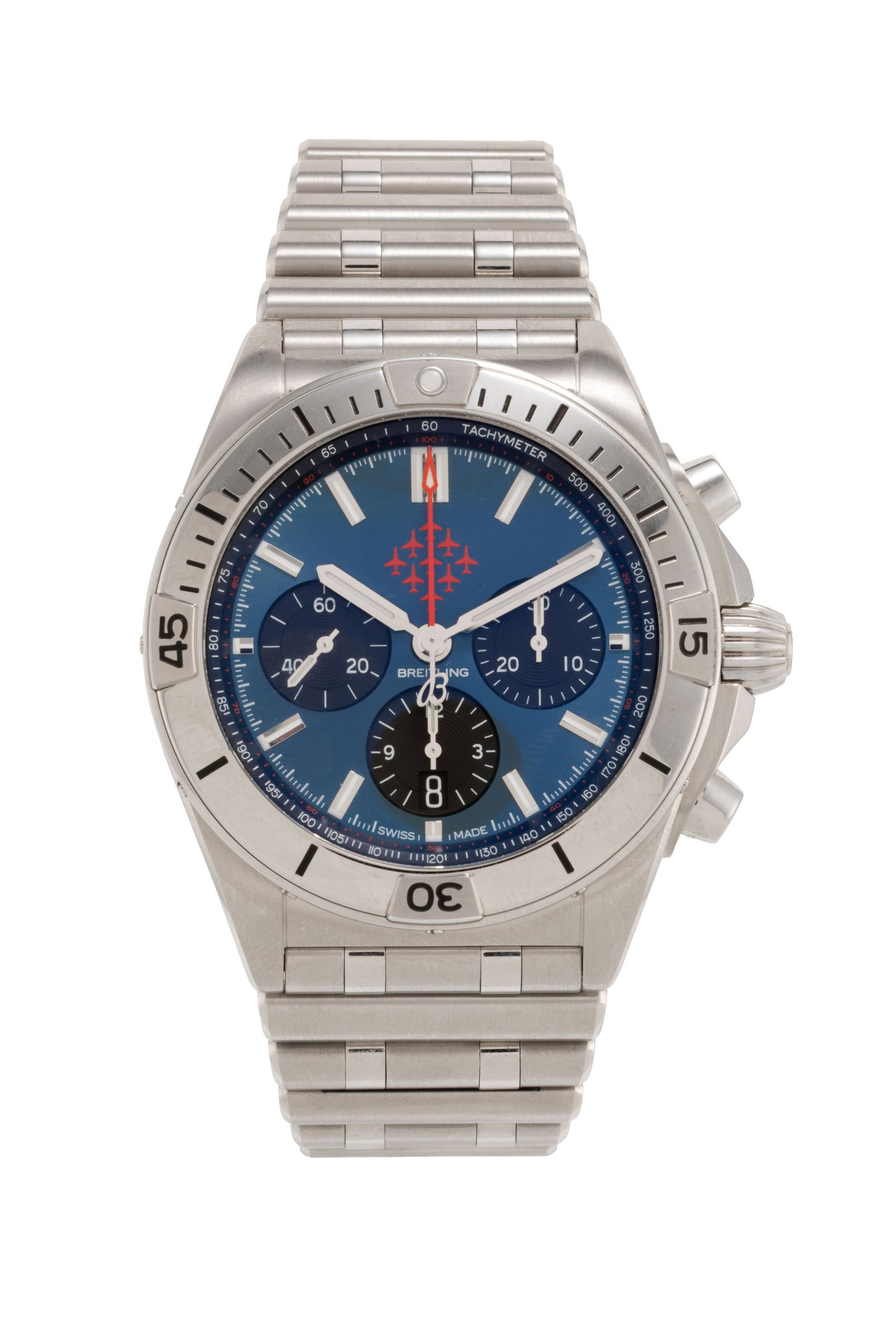 Breitling, Chronomat B01 42 Red Arrows, réf. AB0134, Ed. Limitée à 160 exemplaires, m: Breitling, Chronomat B01 42 Red Arrows, réf. AB0134, Ed. Limitée à 160 exemplaires, montre-bracelet chronographe en acier Mouvement: cal. 801, automatique, 47 rubis Boîtier:
