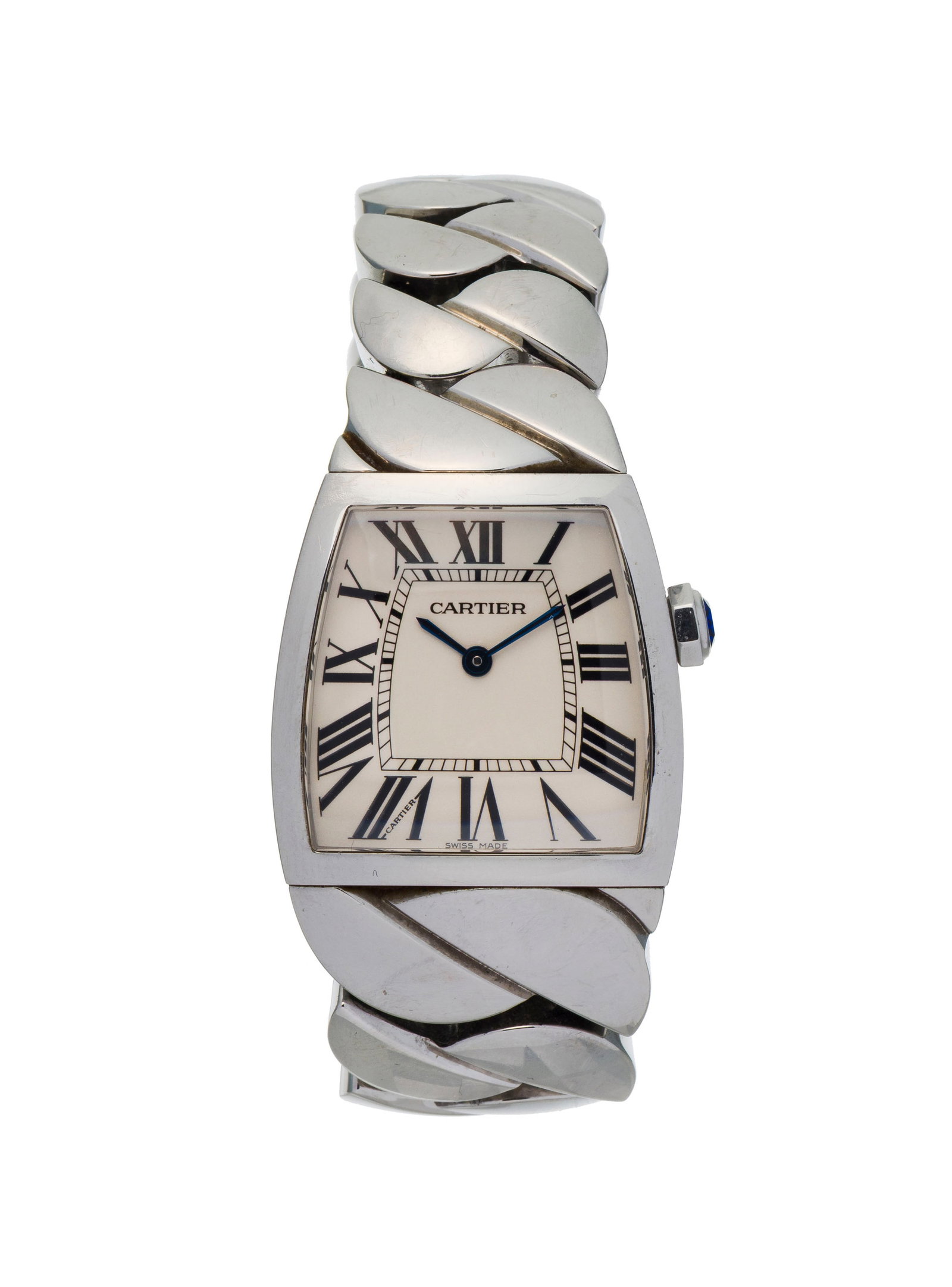 Cartier, La Dona, réf. 2835, montre-bracelet en acier Mouvement: cal. 690, quartz, 8 rubis : Cartier, La Dona, réf. 2835, montre-bracelet en acier Mouvement: cal. 690, quartz, 8 rubis Boîtier: n°186093MX, larg. 28 mm Signature: cadran, mouvement, boîtier, bracelet