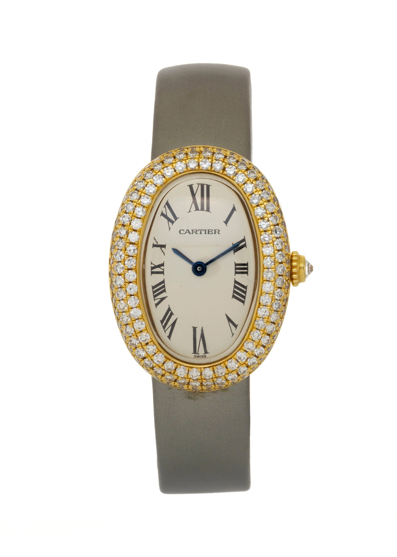 Cartier, Baignoire, réf. 8057912, montre en or 750 sertie de diamants Mouvement: cal. 057, qu: Cartier, Baignoire, réf. 8057912, montre en or 750 sertie de diamants Mouvement: cal. 057, quartz, 4 rubis Boîtier: n°0516, larg. 23 mm Bracelet Cartier: satin gris avec boucle dép