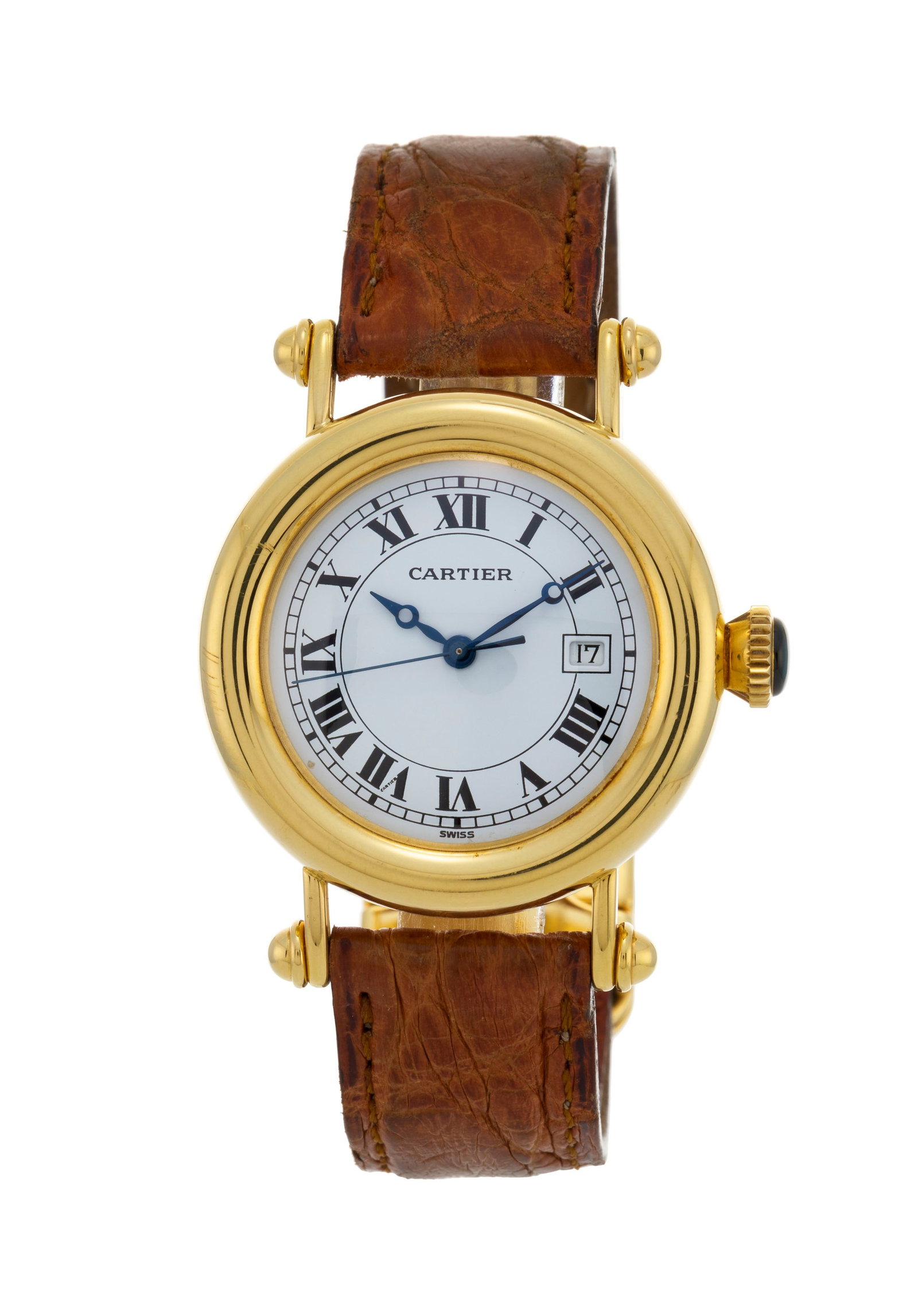 Cartier, Diabolo, réf. 1420 0, montre en or 750 Mouvement: cal. 87.06, quartz, 7 rubis Bo&#: Cartier, Diabolo, réf. 1420 0, montre en or 750 Mouvement: cal. 87.06, quartz, 7 rubis Boîtier: n°R1647, diam. 32 mm Bracelet Cartier: croco brun avec boucle déployante or 750 Cart