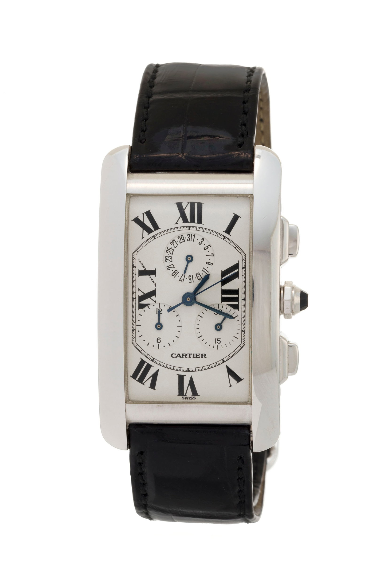 Cartier, Tank Américaine, réf. 2312, montre chronographe en or gris 750 Mouvement: cal. : Cartier, Tank Américaine, réf. 2312, montre chronographe en or gris 750 Mouvement: cal. 212P, quartz, 25 rubis, n°9750394 Boîtier: n°CC371543, larg. 27 mm Complications: