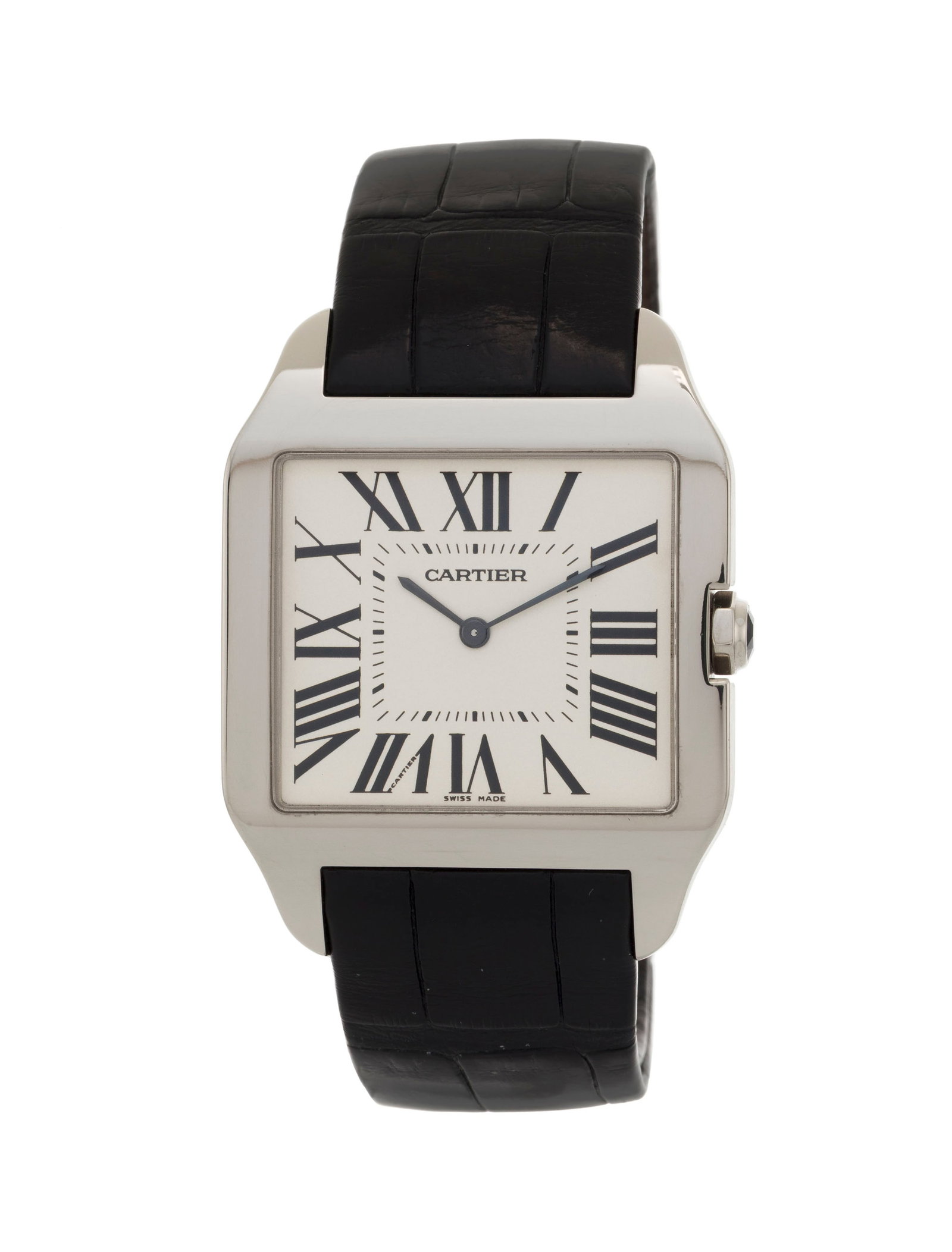 Cartier, Santos Dumont, réf. 2651, montre en or gris 750 Mouvement: cal. 430 MC, mécaniq: Cartier, Santos Dumont, réf. 2651, montre en or gris 750 Mouvement: cal. 430 MC, mécanique, 18 rubis Boîtier: n°368205CE, larg. 35 mm Bracelet Cartier: croco noir avec boucle