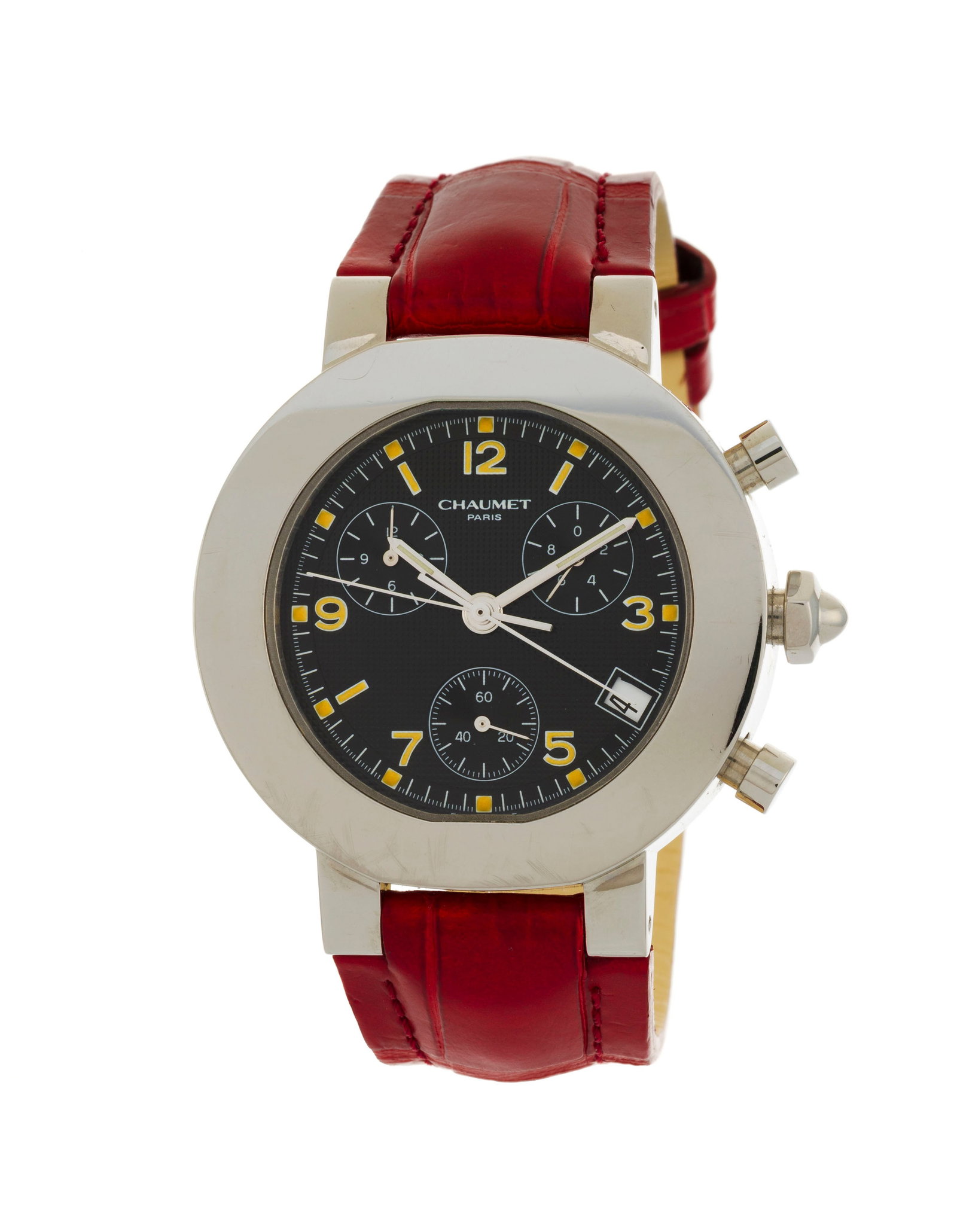 Chaumet, montre chronographe en acier Mouvement: cal. ETA 251.262, quartz, 27 rubis Boîtie: Chaumet, montre chronographe en acier Mouvement: cal. ETA 251.262, quartz, 27 rubis Boîtier: n°22 e0049, diam. 40 mm Complication: chronographe à 2 compteurs avec secondes et minutes