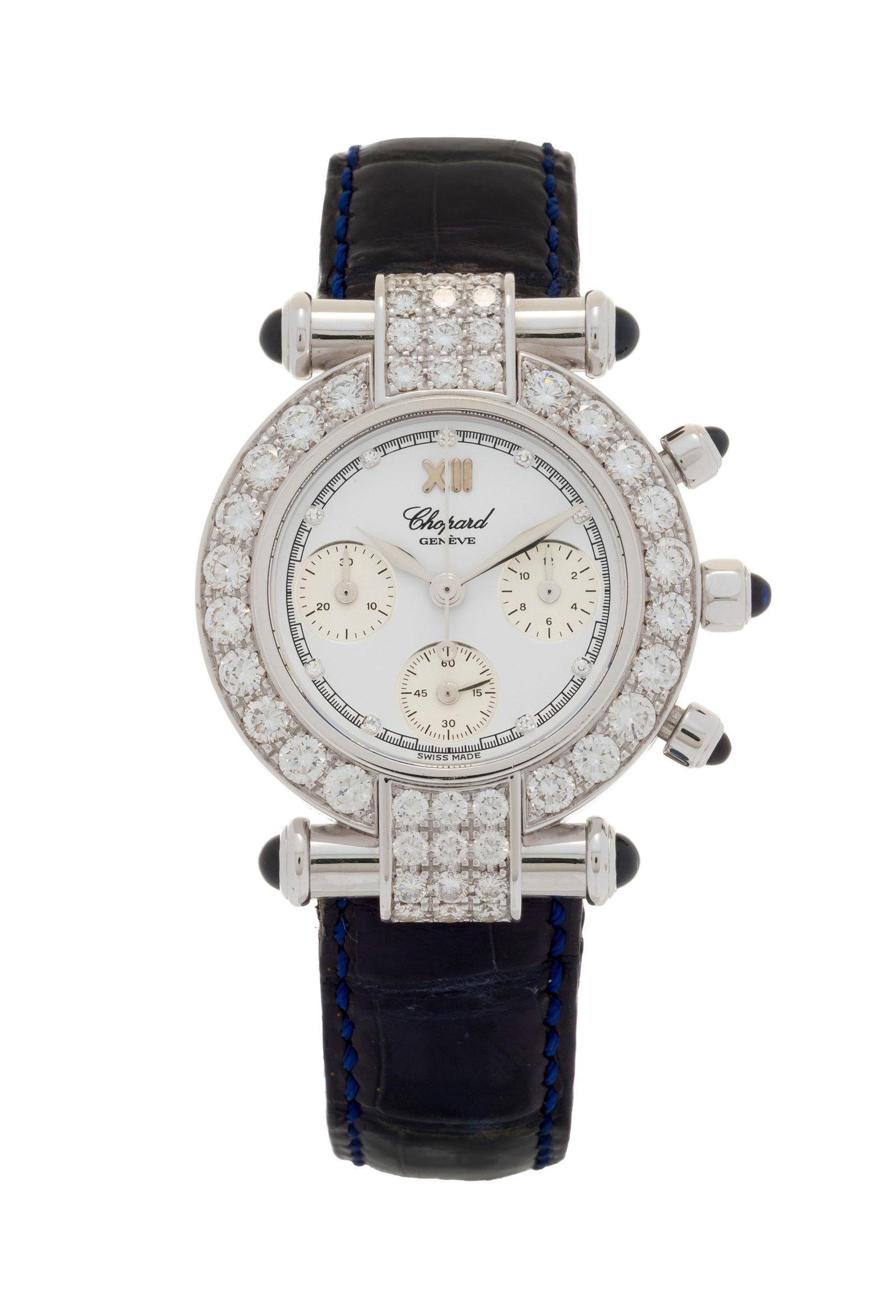 Chopard, Impériale, réf. 4143/383168, montre chronographe en or gris 750 avec index et lun: Chopard, Impériale, réf. 4143/383168, montre chronographe en or gris 750 avec index et lunette sertis de diamants, circa 2011 Mouvement: cal. 630/1, quartz, 25 rubis, n°2783414