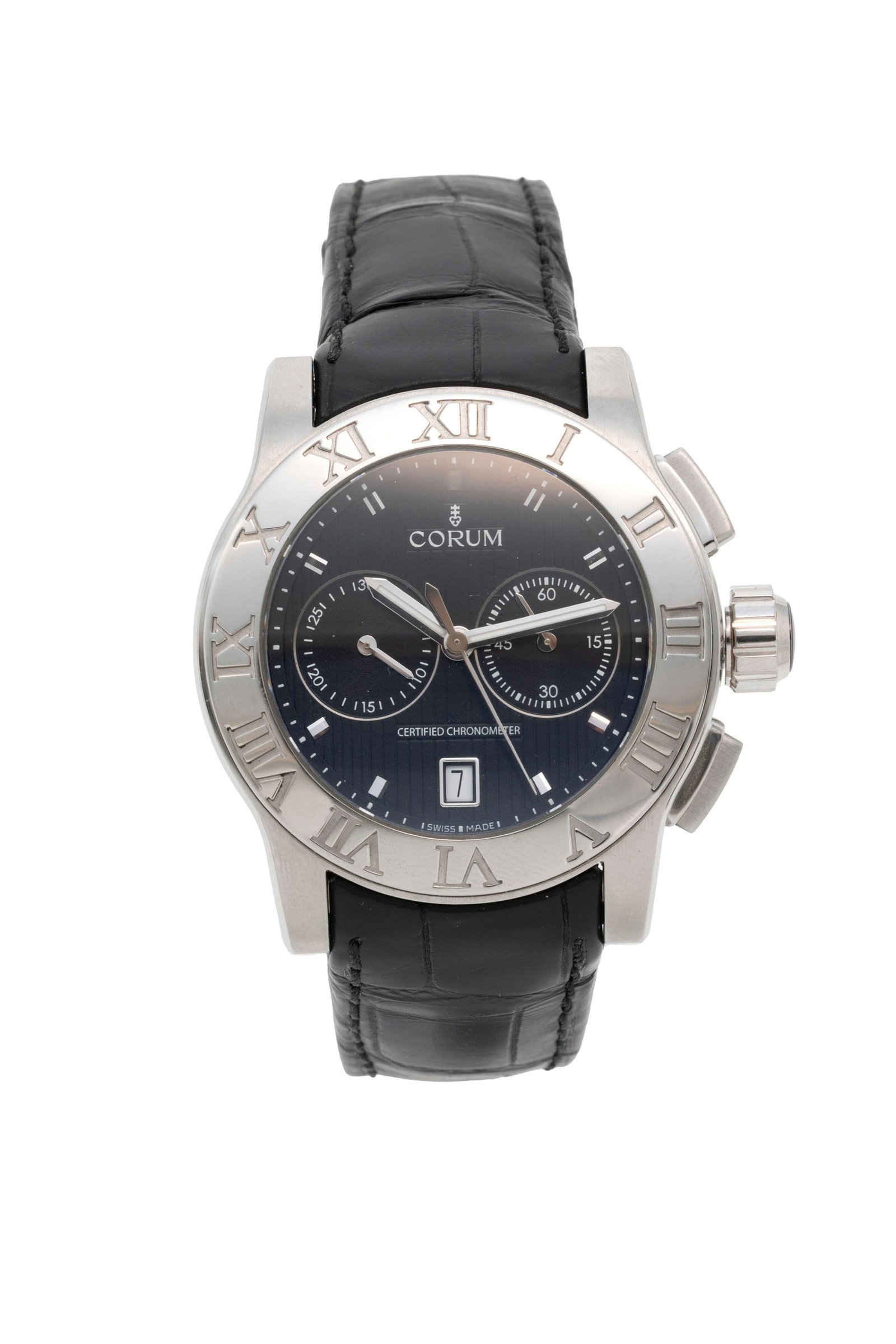 Corum, Romulus, réf. 02.0012, Ed. Limitée n°A0796/1500, montre chronographe en acier : Corum, Romulus, réf. 02.0012, Ed. Limitée n°A0796/1500, montre chronographe en acier Mouvement: cal. ETA 2894-2, automatique, 37 rubis, n°694155 Boîtier: n°2233520, diam.