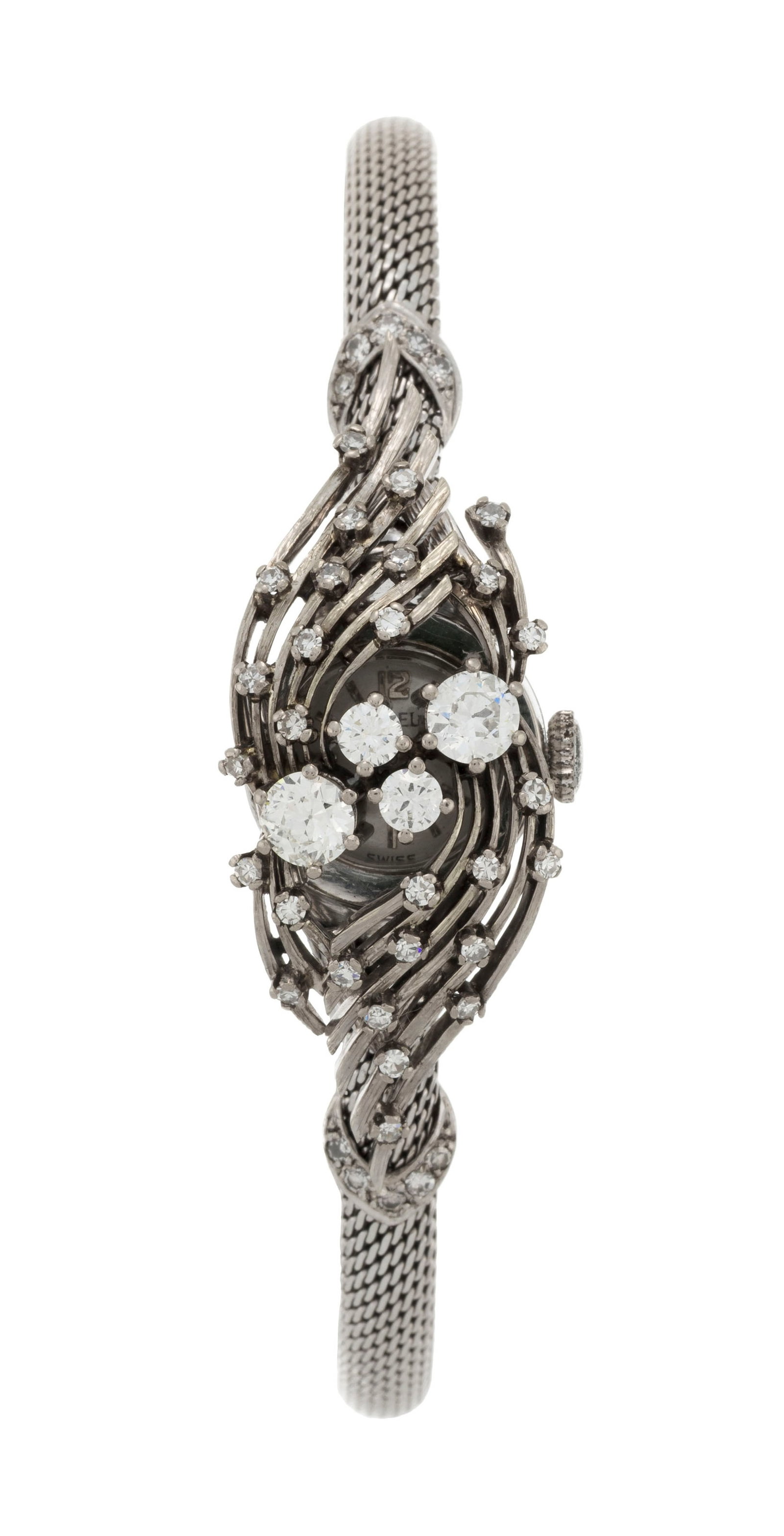 Ebel, montre-bracelet secrète en or gris 750 sertie de diamants Mouvement: cal. 55/ AS 1012, : Ebel, montre-bracelet secrète en or gris 750 sertie de diamants Mouvement: cal. 55/ AS 1012, mécanique Boîtier: larg. 16 mm Signature: cadran, mouvement Poids: 26g Condition Etat