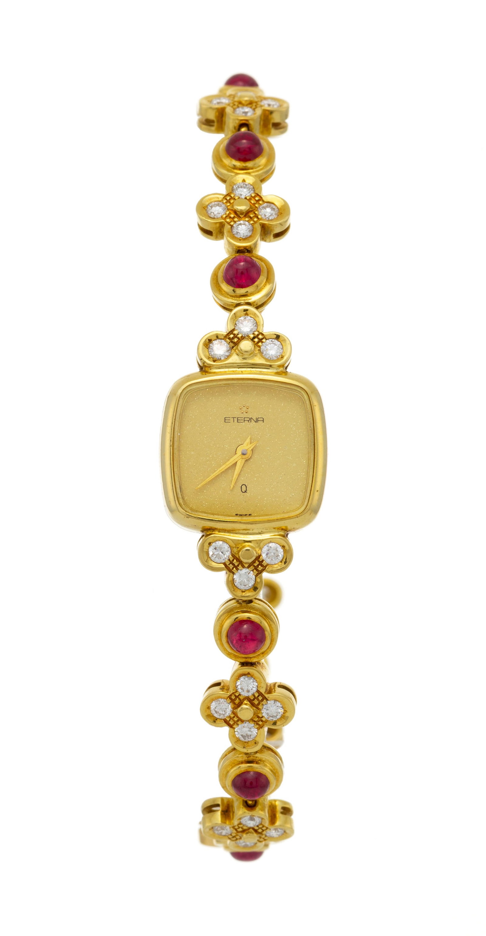 Eterna, montre-bracelet en or 750 sertie de diamants alternés de cabochons de rubis, année: Eterna, montre-bracelet en or 750 sertie de diamants alternés de cabochons de rubis, années 1980 Mouvement: quartz Boîtier: n°117 7310 68, larg. 14 mm Signature: cadran,