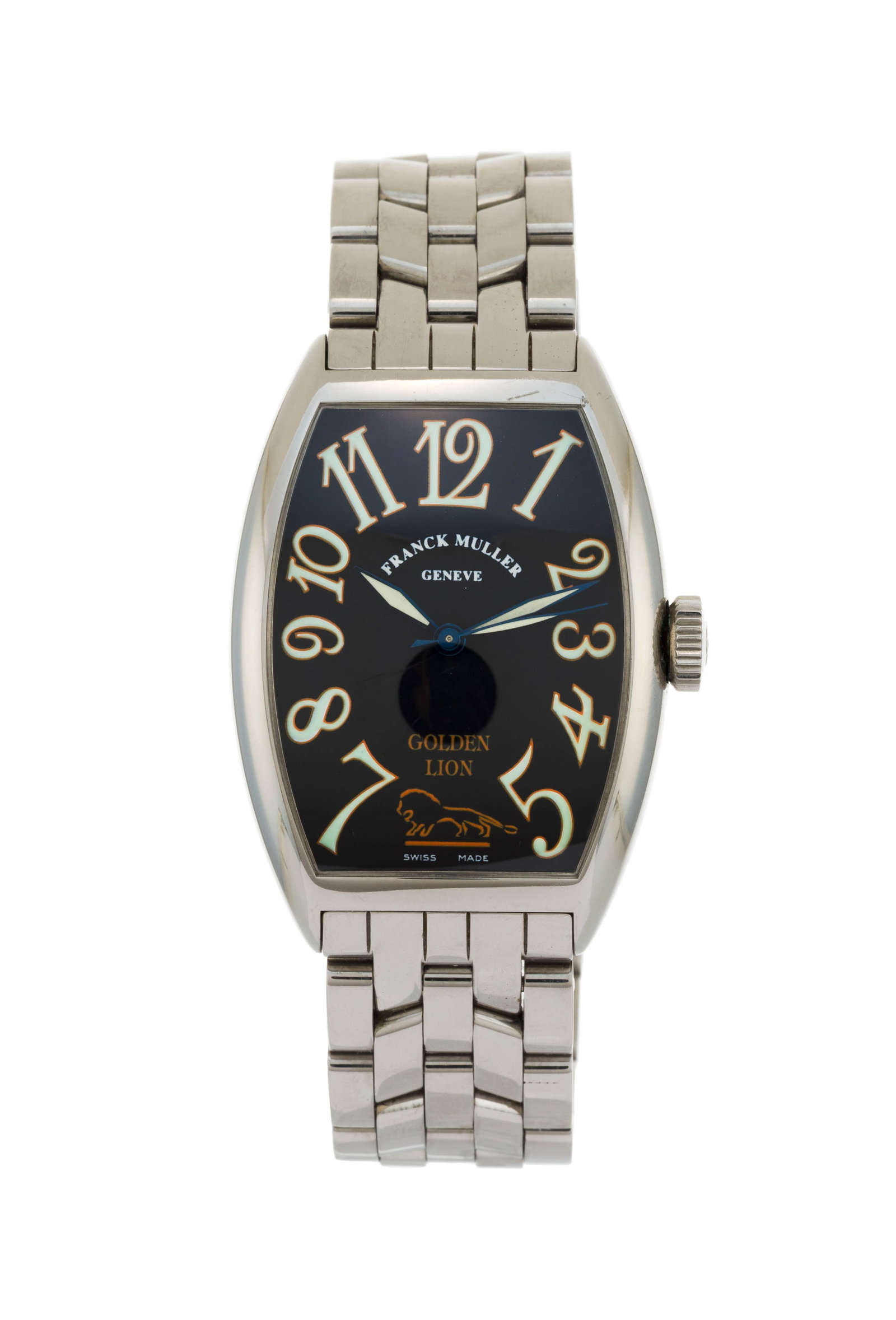 Franck Muller, Golden Lion, réf. 5850, Ed. Limitée à 30 exemplaires, montre-bracelet : Franck Muller, Golden Lion, réf. 5850, Ed. Limitée à 30 exemplaires, montre-bracelet en acier, circa 1998 Mouvement: cal. 2800 automatique Boîtier: n°01, larg. 31 mm