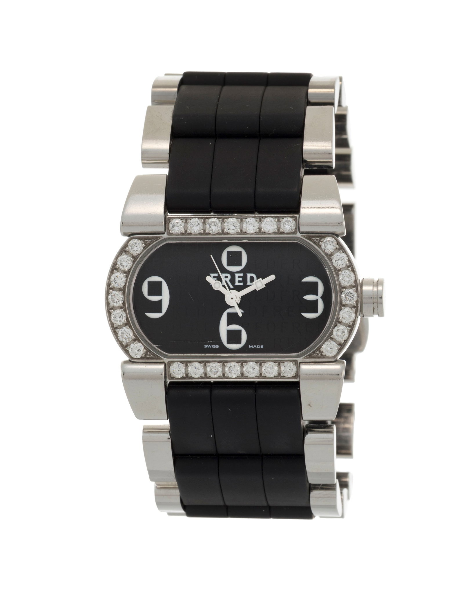 Fred, montre-bracelet en acier et caoutchouc sertie de diamants Mouvement: cal. 980.106, quartz, : Fred, montre-bracelet en acier et caoutchouc sertie de diamants Mouvement: cal. 980.106, quartz, 7 rubis Boîtier: N°RK27 97/FD012111, larg. 32 mm Signature: cadran, boîtier Condition