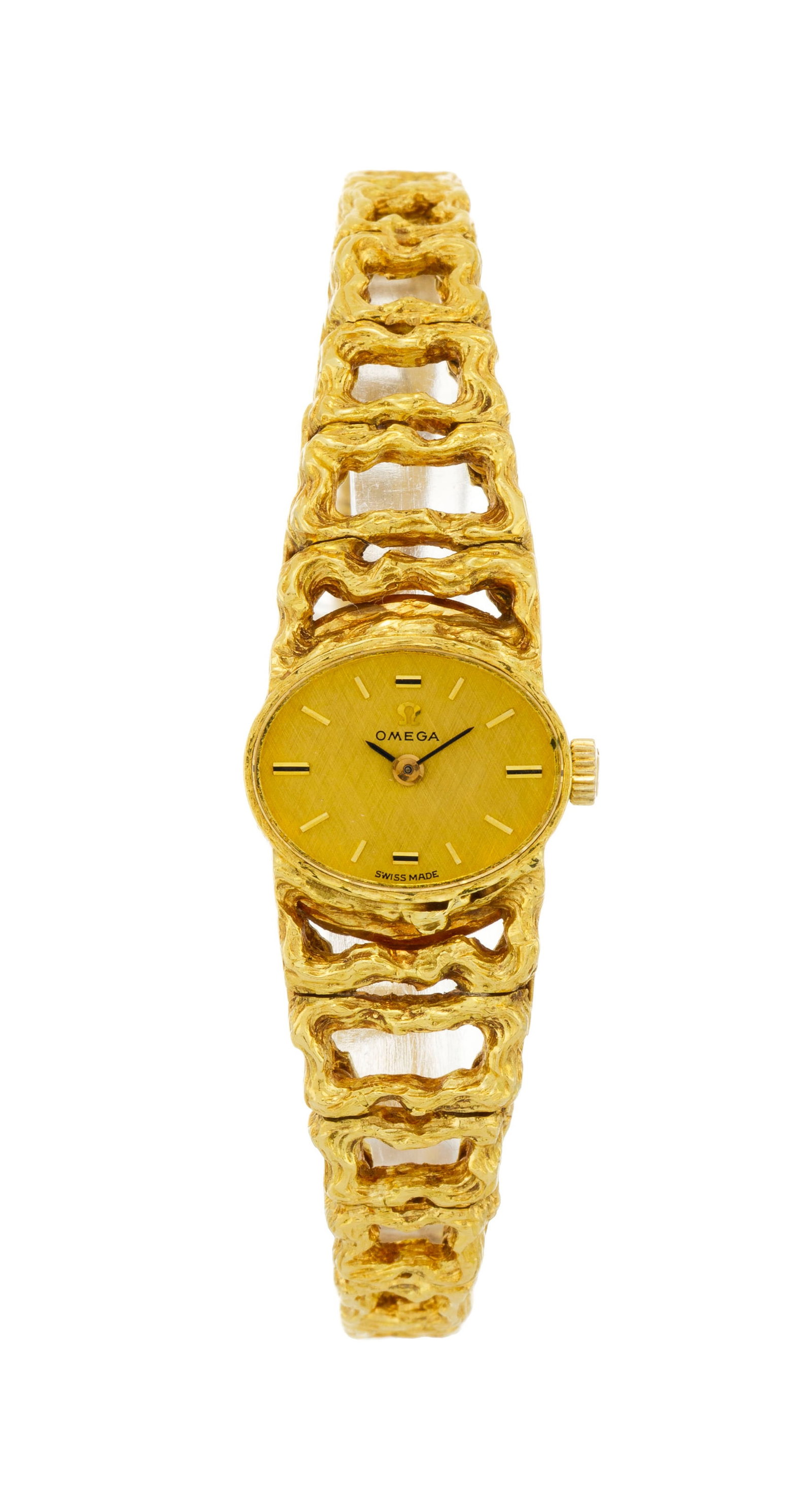 Gilbert Albert pour Omega, réf. BA 8202, montre-bracelet en or 750 texturé, années 19: Gilbert Albert pour Omega, réf. BA 8202, montre-bracelet en or 750 texturé, années 1960-70 Mouvement: cal. 484, mécanique, 17 rubis, n°26479253 Boîtier: n°B14172,