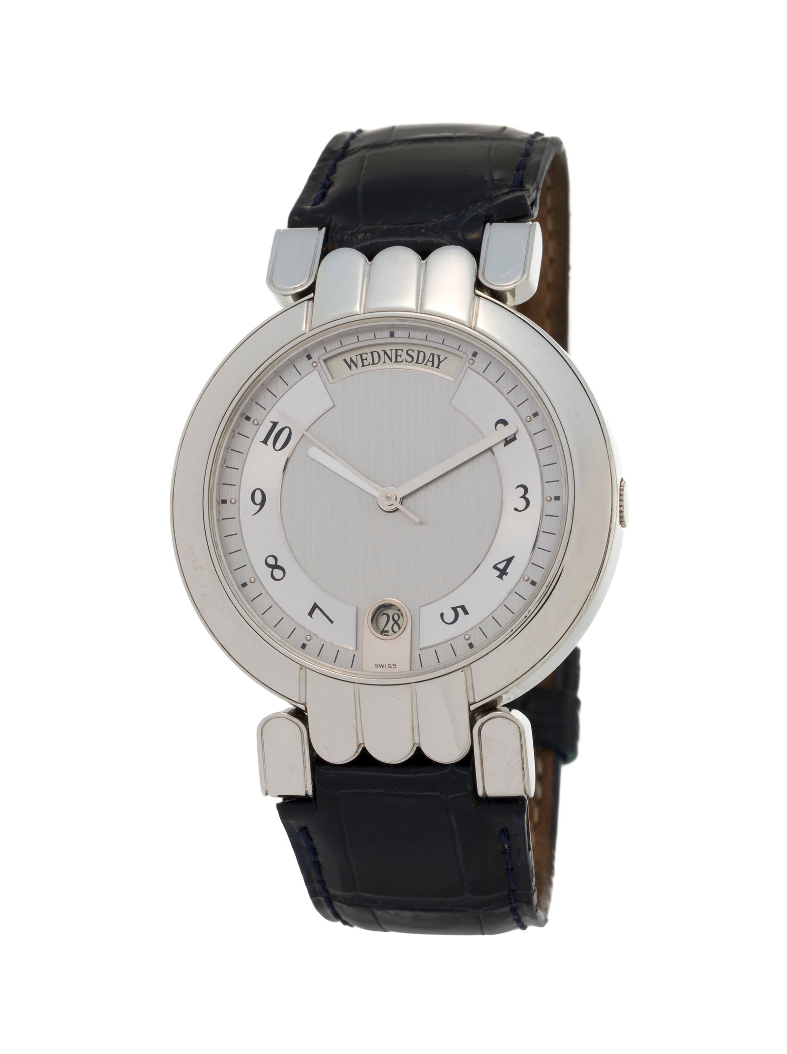 Harry Winston, montre en platine avec indication du jour et de la date Mouvement: cal. ETA 2834-2,: Harry Winston, montre en platine avec indication du jour et de la date Mouvement: cal. ETA 2834-2, automatique, 25 rubis Boîtier: n°001030174/1037, diam. 37 mm Complications: jours et date