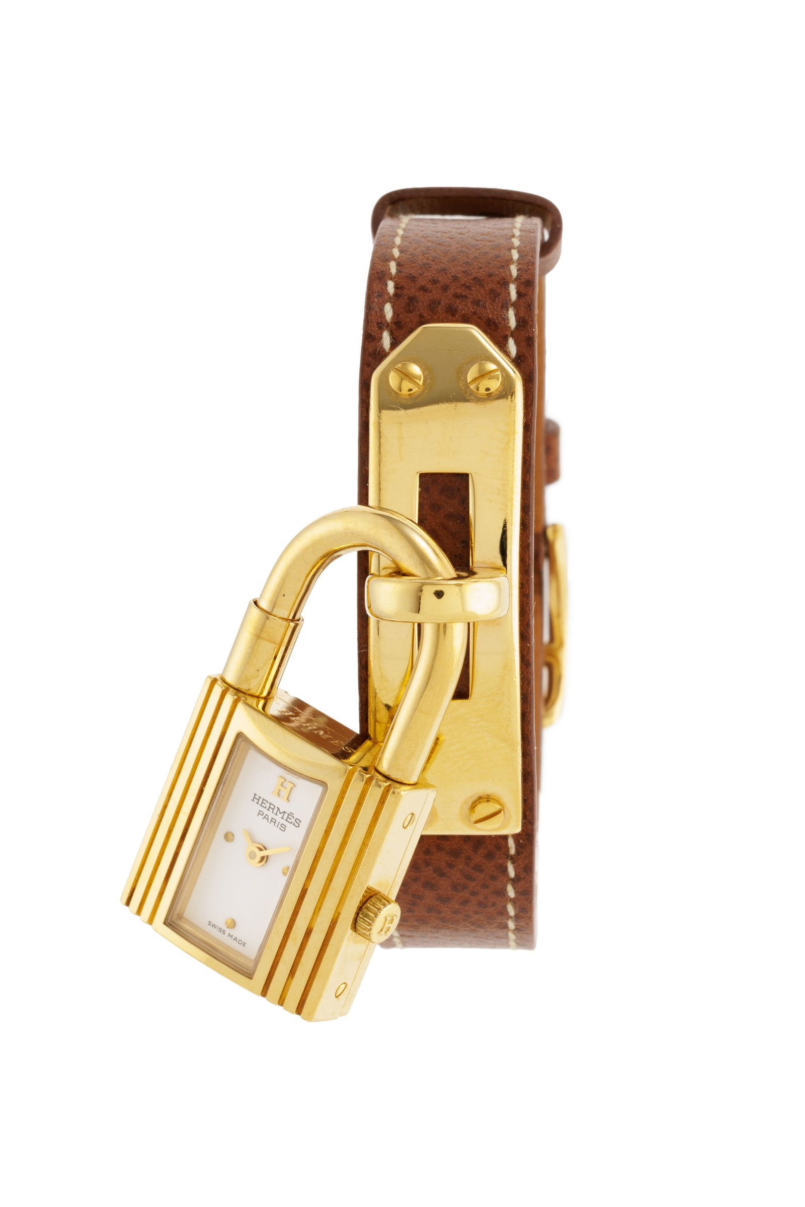 Hermès, Kelly, réf. KE1.201, montre plaqué or Mouvement: cal. ETA 901.001, quartz,: Hermès, Kelly, réf. KE1.201, montre plaqué or Mouvement: cal. ETA 901.001, quartz, 3 rubis Boîtier: n°988942, larg. 20 mm Bracelet Hermès: cuir marron avec boucle
