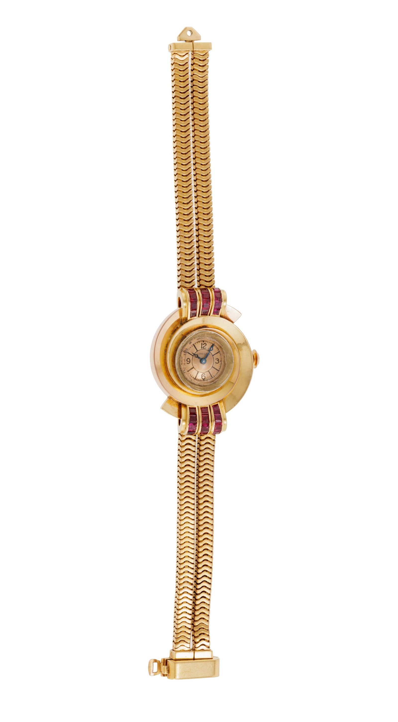 Leroy & Fils, montre-bracelet en or 750 sertie de rubis, années 1940-50 Mouvement: mécan: Leroy & Fils, montre-bracelet en or 750 sertie de rubis, années 1940-50 Mouvement: mécanique Boîtier: n°159144/1321, diam. 29 mm Signature: cadran, boîtier Poids: 66g