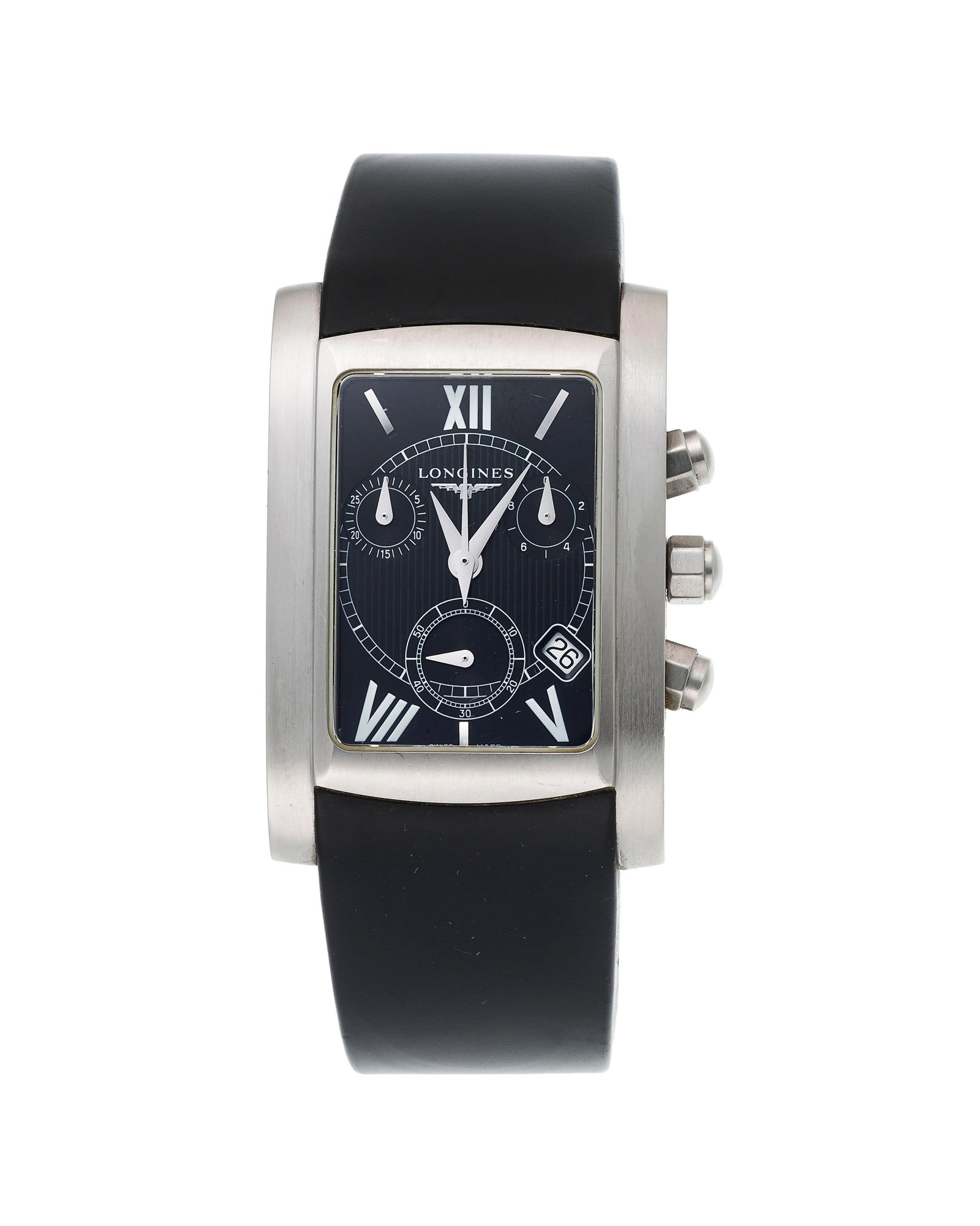 Longines, Dolcevita, réf. L5.663.4, montre chronographe en acier Mouvement: cal. L.538.2/ETA 2: Longines, Dolcevita, réf. L5.663.4, montre chronographe en acier Mouvement: cal. L.538.2/ETA 251.471, quartz, 23 rubis Boîtier: n°29579536, larg. 27.5 mm Complication: chronographe
