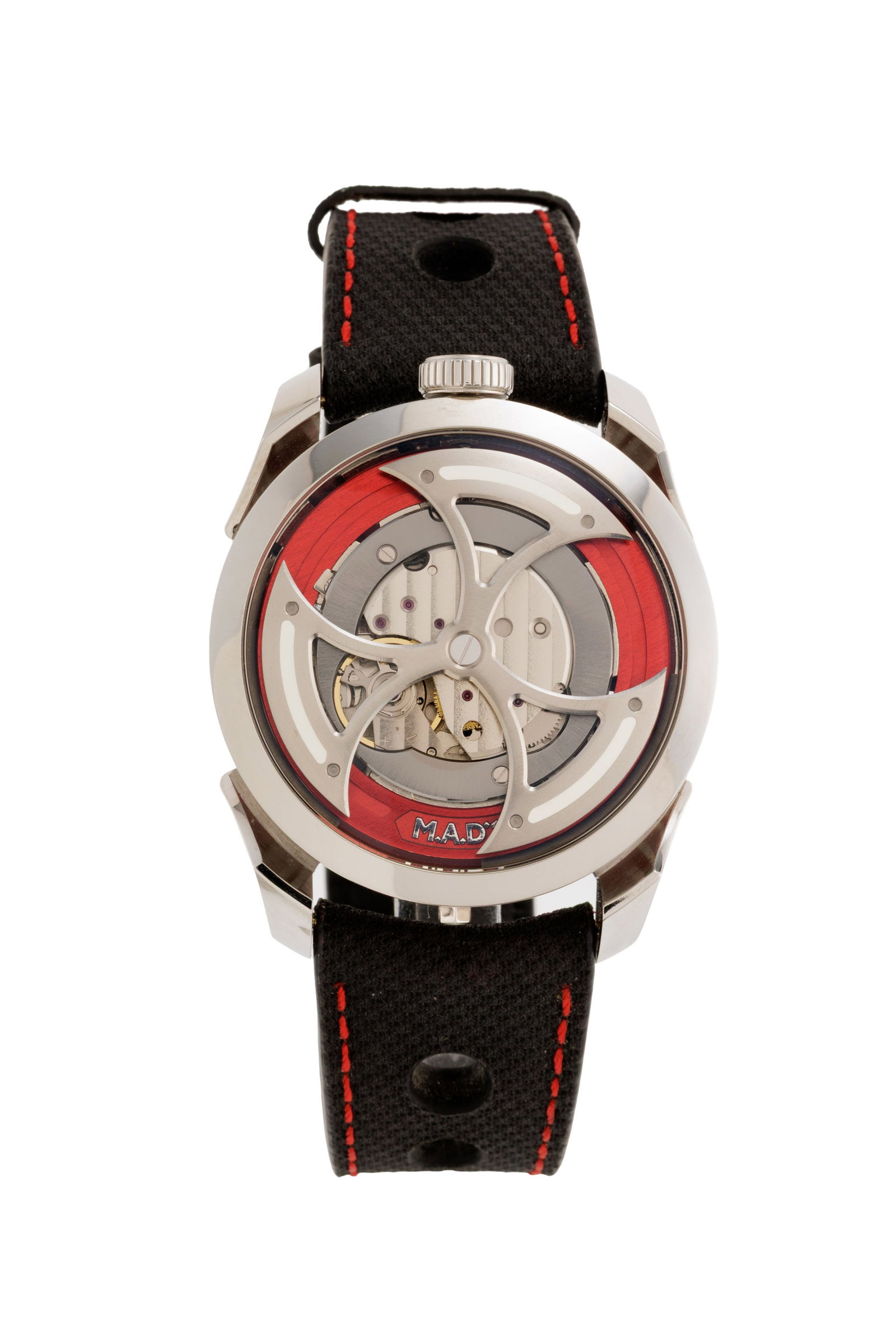 MB&F, M.A.D.1 Edition, montre en acier avec indication de l'heure sur le pourtour du boîtier : MB&F, M.A.D.1 Edition, montre en acier avec indication de l'heure sur le pourtour du boîtier Mouvement: automatique Boîtier: n°M01S5072, diam. 42 mm Bracelet M.A.D.: caoutchouc noir