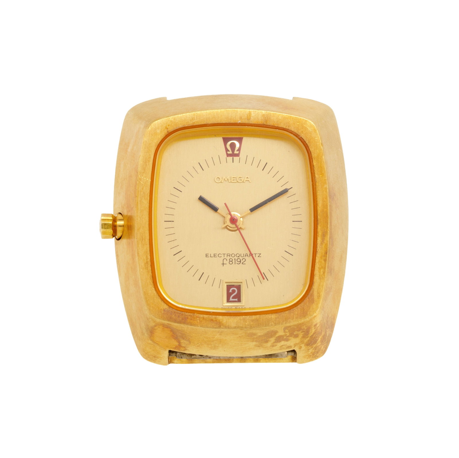 Omega, ElectroQuartz, réf. 196.005, montre en or 750 avec indication de la date, années 19: Omega, ElectroQuartz, réf. 196.005, montre en or 750 avec indication de la date, années 1970 Mouvement: cal. 1300, quartz, 13 rubis, n°00001587 Boîtier: n°C84.486, larg. 37