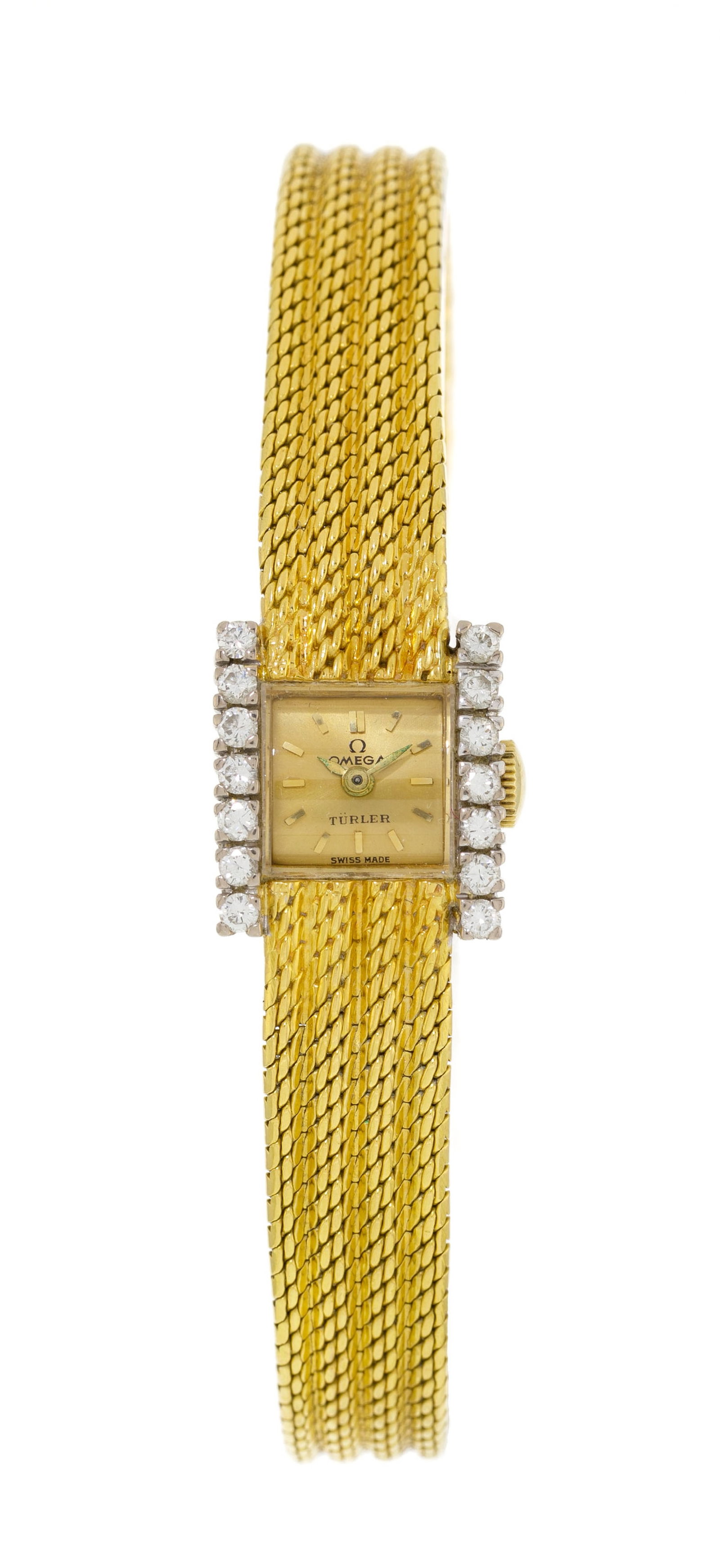 Omega pour Türler, montre-bracelet 2 ors 750 sertie de diamants, années 1950 Mouvement: : Omega pour Türler, montre-bracelet 2 ors 750 sertie de diamants, années 1950 Mouvement: cal. 480, mécanique, 17 rubis, n°14373442 Boîtier: n°11457039, larg. 15 mm
