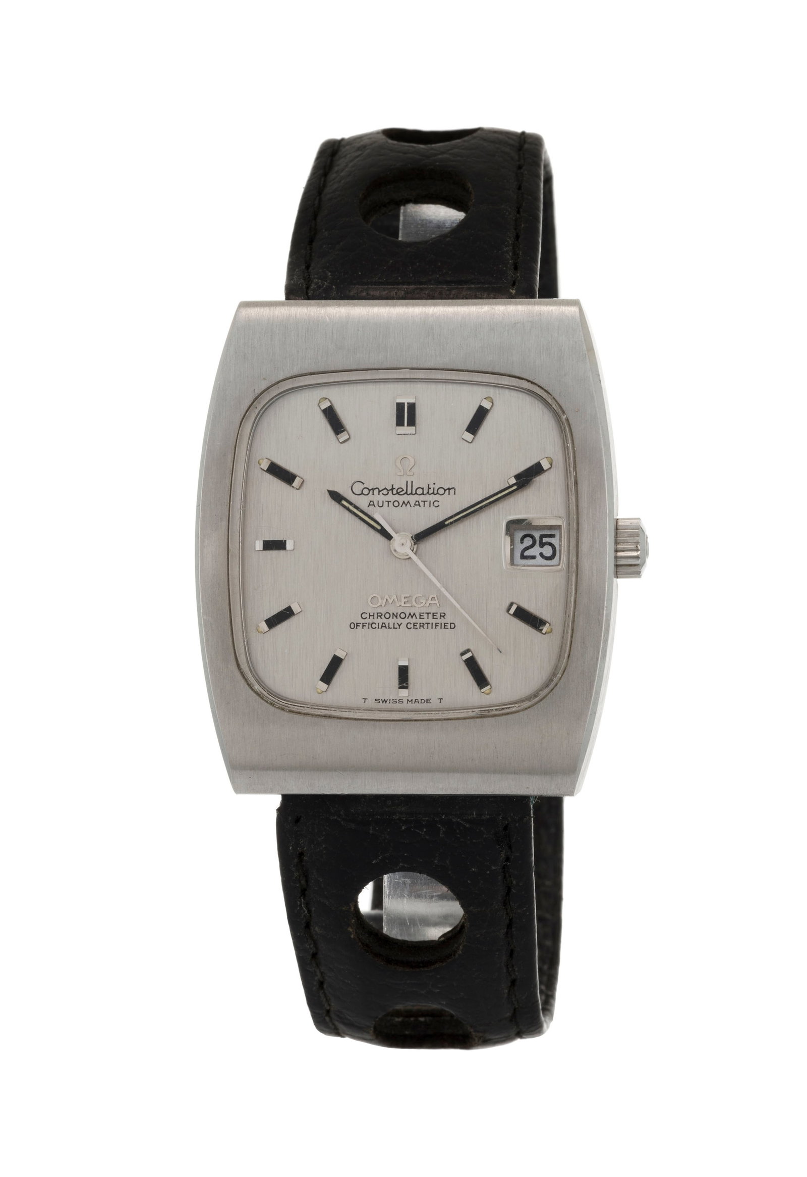 Omega, Constellation, montre en acier avec indication de la date Mouvement: automatique Boî: Omega, Constellation, montre en acier avec indication de la date Mouvement: automatique Boîtier: larg. 33 mm Complication: date à guichet Bracelet Tissot: cuir noir Signature: cadran,