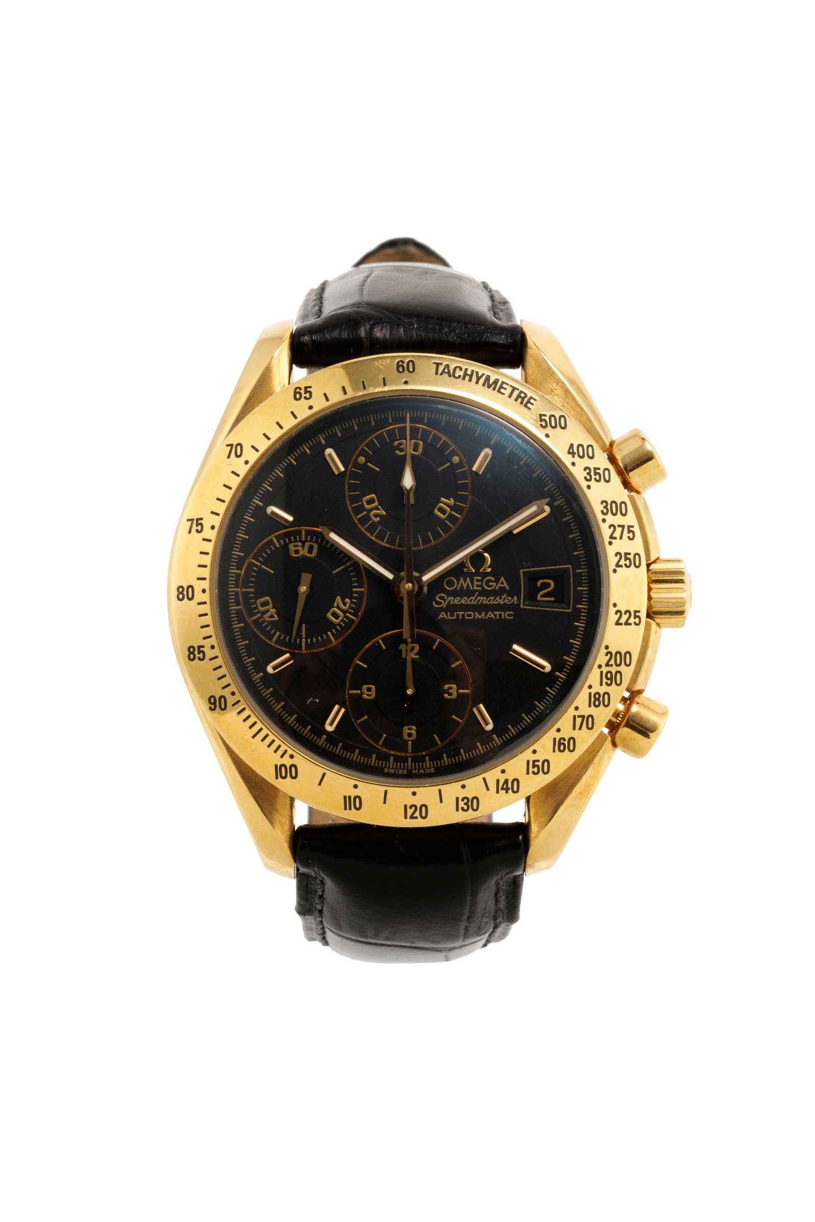Omega, Speedmaster, réf. 175.0083, montre chronographe en or 750 Mouvement: cal. 1152, automa: Omega, Speedmaster, réf. 175.0083, montre chronographe en or 750 Mouvement: cal. 1152, automatique, 25 rubis Boîtier: n°56330615, diam. 39 mm Complications: chronographe à 2