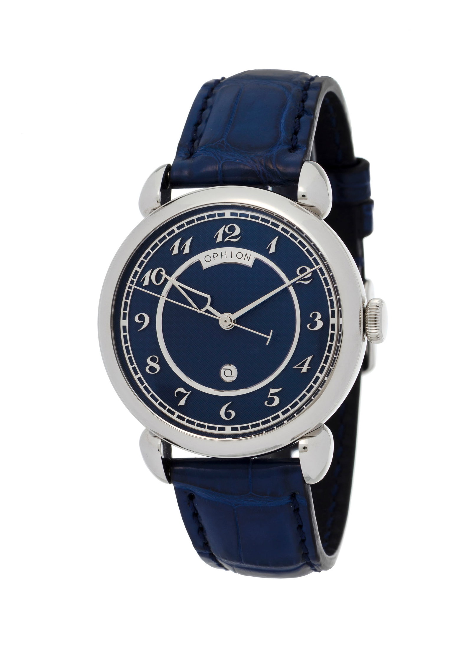 Ophion, OPH 786 Vélos, montre en acier Mouvement: mécanique Boîtier: n°024,: Ophion, OPH 786 Vélos, montre en acier Mouvement: mécanique Boîtier: n°024, diam. 39 mm, fond en verre laissant apparaître le mouvement Bracelet : croco bleu Signature: