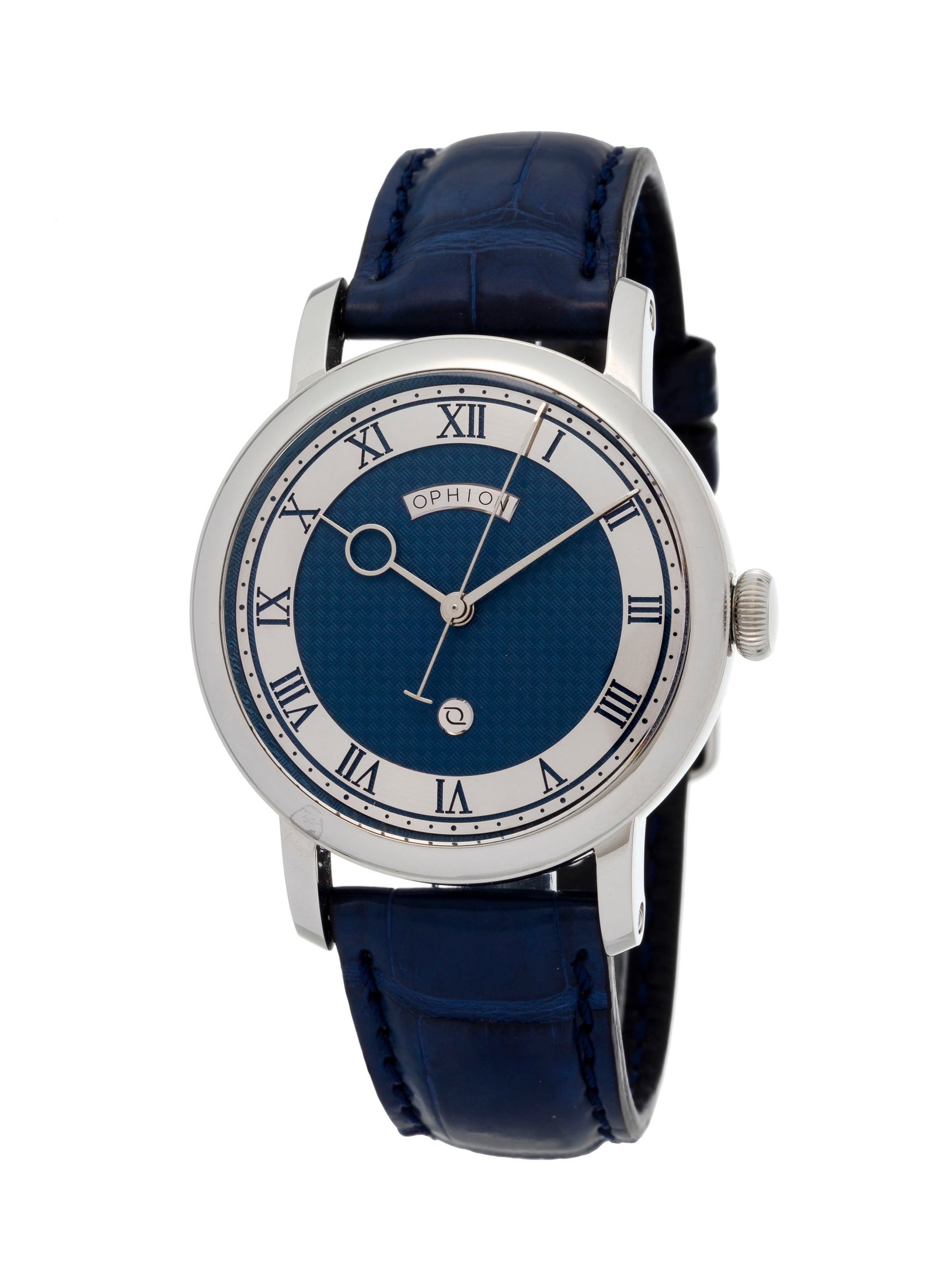 Ophion, montre en acier Mouvement: mécanique Boîtier: diam. 39 mm, fond en verre lais: Ophion, montre en acier Mouvement: mécanique Boîtier: diam. 39 mm, fond en verre laissant apparaître le mouvement Bracelet Ophion: croco bleu Signature: cadran + Des restrictions