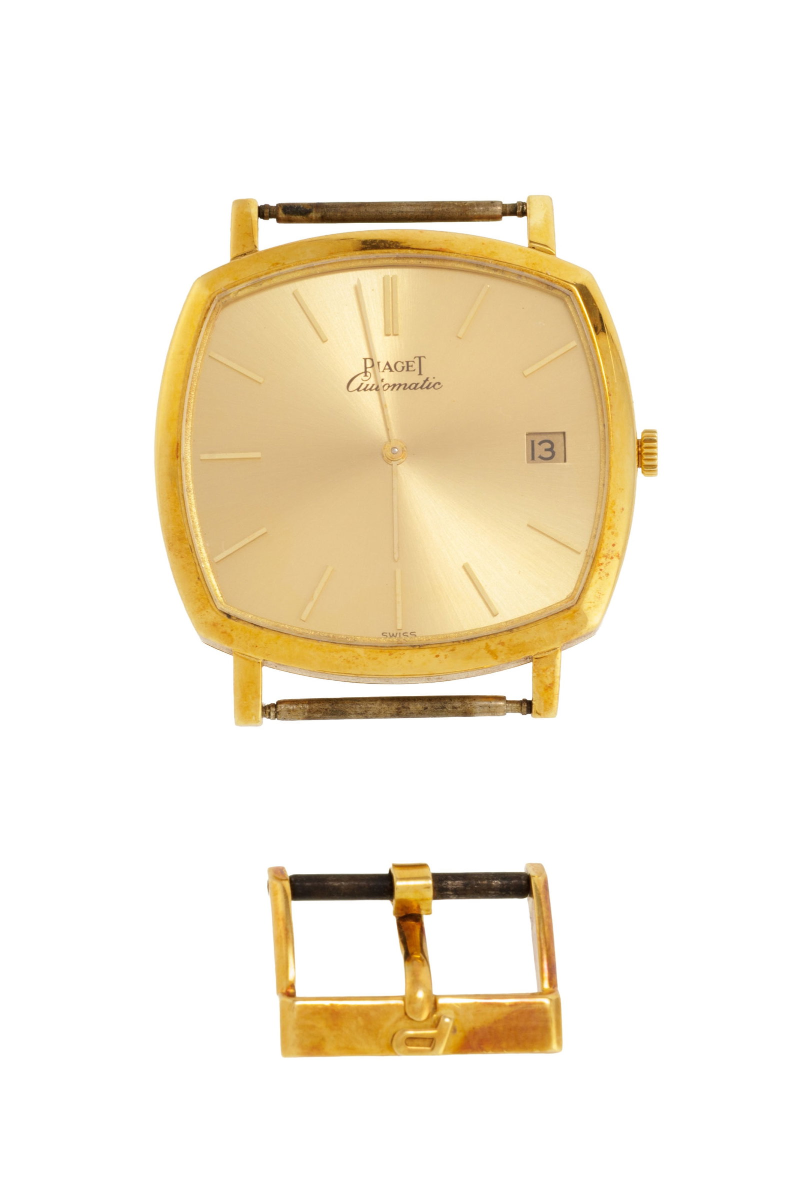 Piaget, réf. 13406, montre et sa boucle ardillon en or 750 avec indication de la date, anné: Piaget, réf. 13406, montre et sa boucle ardillon en or 750 avec indication de la date, années 1970 Mouvement: cal. 12PC, mécanique, 30 rubis, n°647127 Boîtier: n°100406,