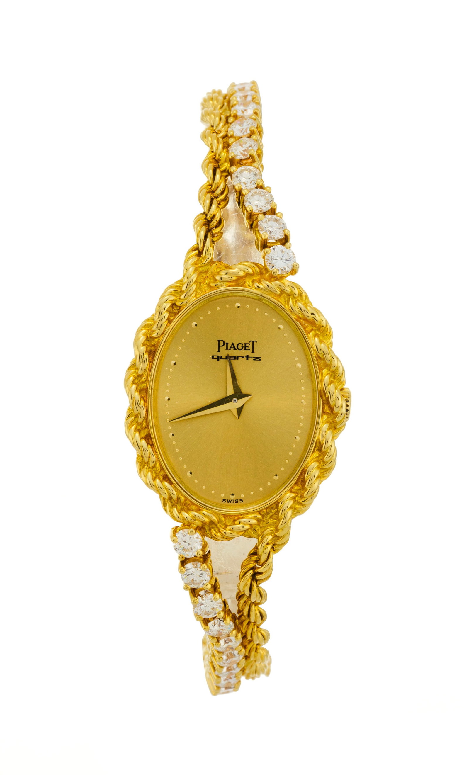 Piaget, réf. 8563 E 21, montre-bracelet en or 750 sertie de diamants, circa 1982 Mouvement: c: Piaget, réf. 8563 E 21, montre-bracelet en or 750 sertie de diamants, circa 1982 Mouvement: cal. 8P2, quartz, 10 rubis, n°105467 Boîtier: n°382994, larg. 21 mm Signature: cadran,