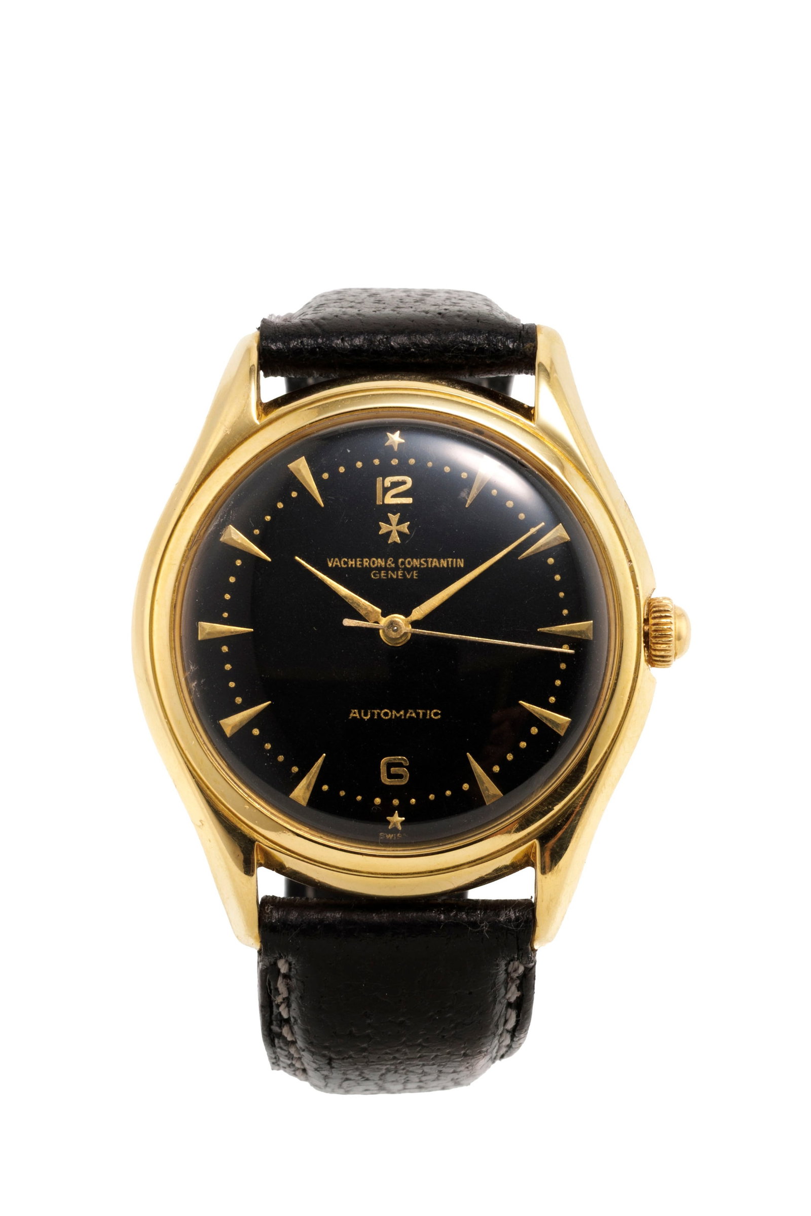 Vacheron Constantin, réf. 4906, montre en or 750, années 1950-60 Mouvement: cal. P1019, : Vacheron Constantin, réf. 4906, montre en or 750, années 1950-60 Mouvement: cal. P1019, automatique, 21 rubis, n°522438 Boîtier: n°351600, diam. 35 mm Bracelet: cuir noir