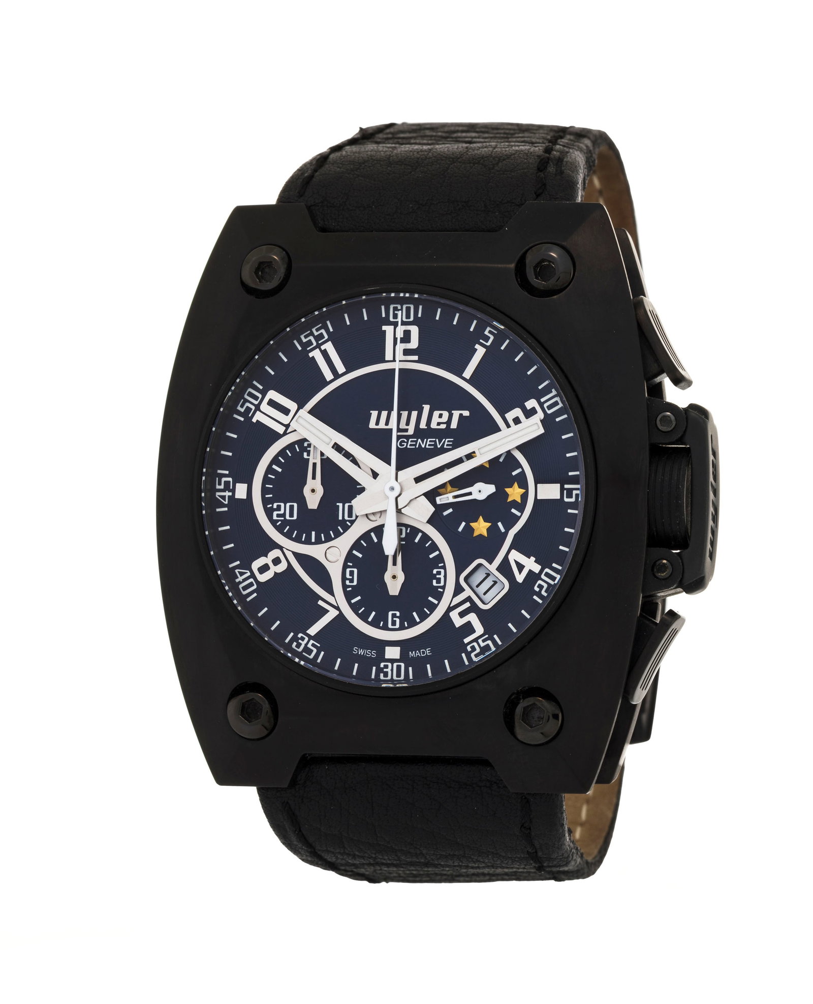 Wyler, Code R, réf. 100.4 Ed. Limitée n°1251/3999, montre chronographe en acier, tita: Wyler, Code R, réf. 100.4 Ed. Limitée n°1251/3999, montre chronographe en acier, titane et fibre de carbone Mouvement: cal. ETA 2894-1, automatique Boîtier: n°104055, larg.