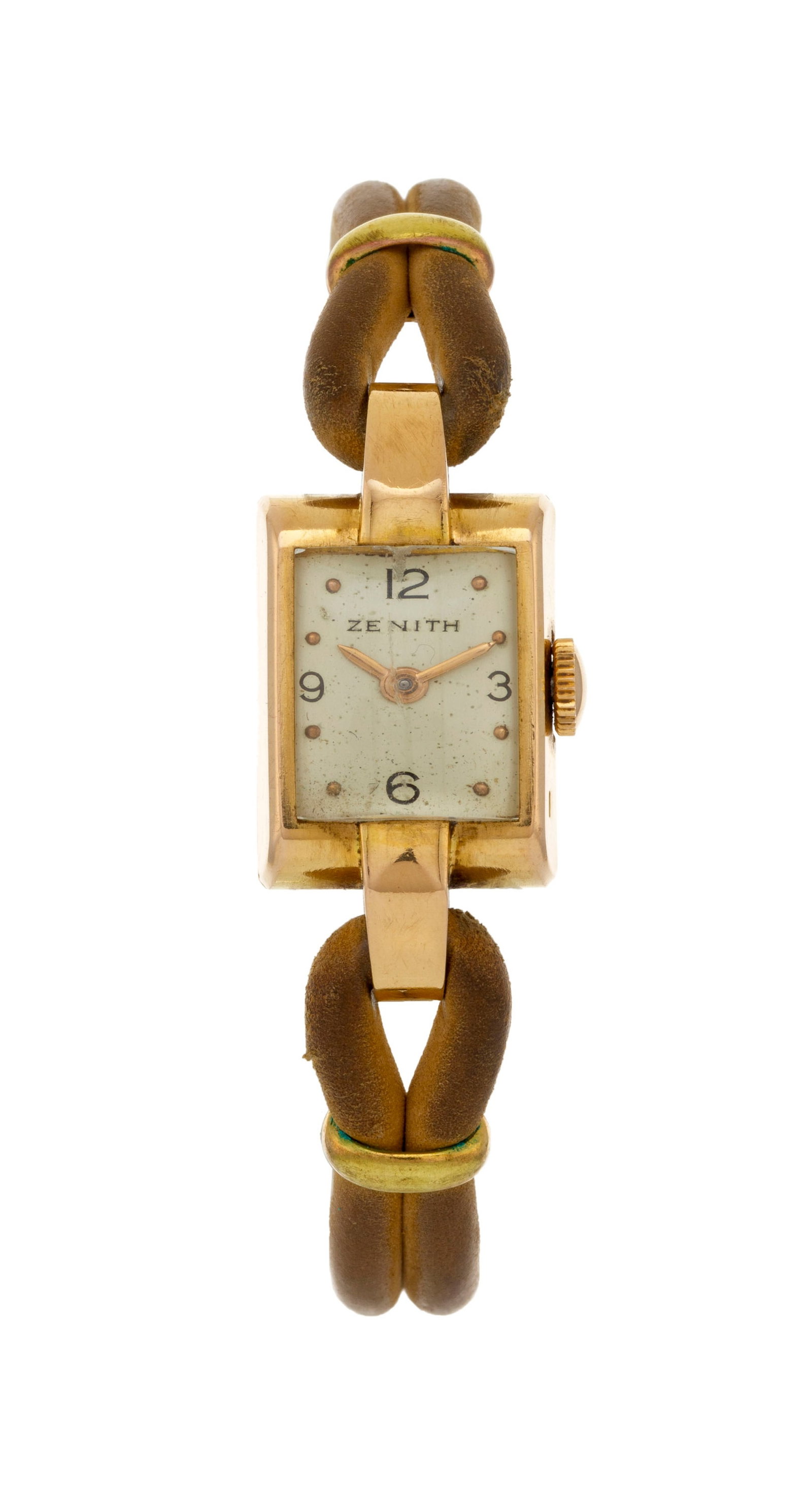 Zenith, montre en or rose 750, années 1940-50 Mouvement: cal. 57, mécanique, n°3634: Zenith, montre en or rose 750, années 1940-50 Mouvement: cal. 57, mécanique, n°3634461 Boîtier: n°424313, larg. 14 mm Bracelet. cuir brun Signature: cadran, mouvement,