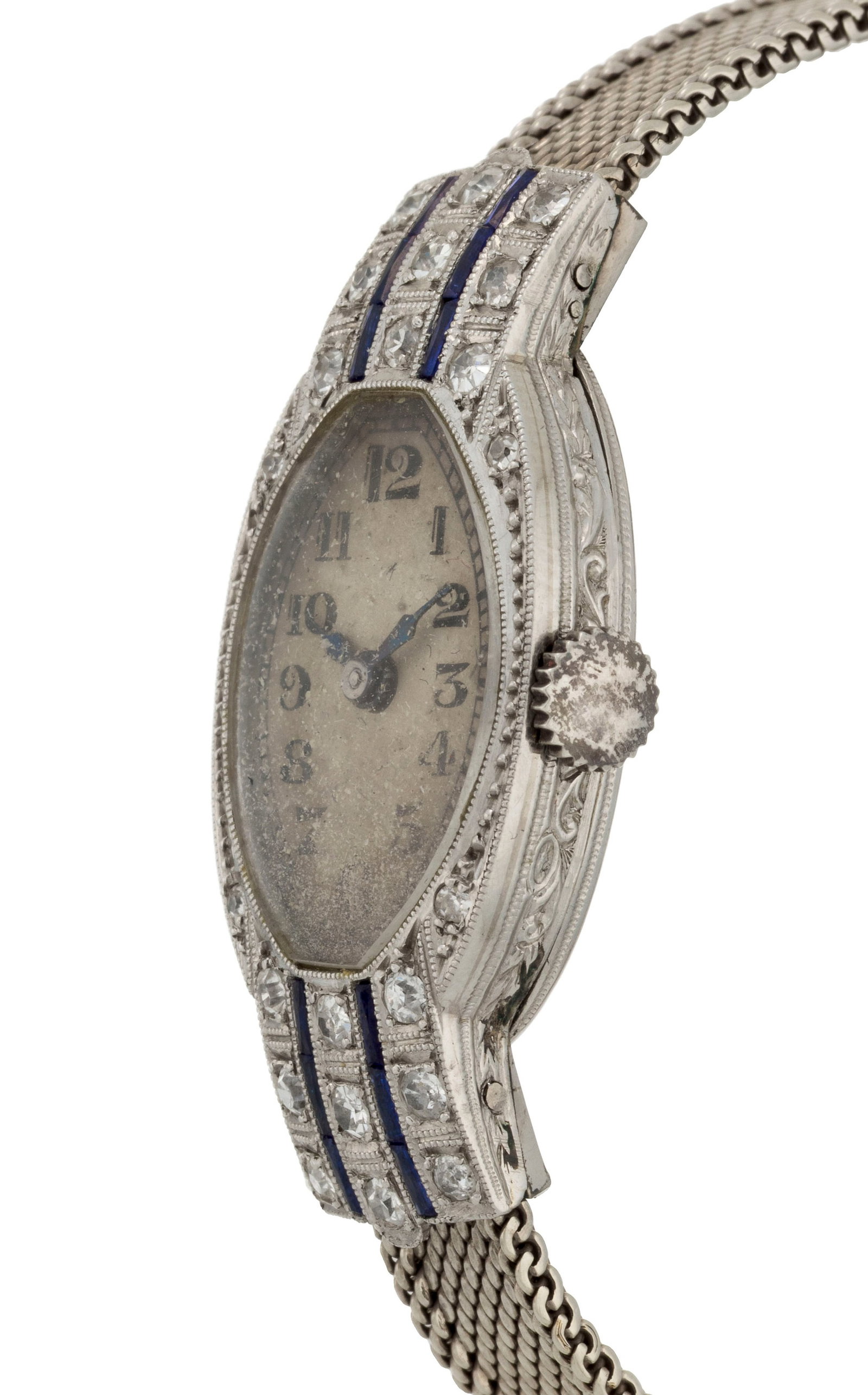 Montre-bracelet Art Déco en or gris 750 et platine sertie de diamants et de saphirs synthé - 2