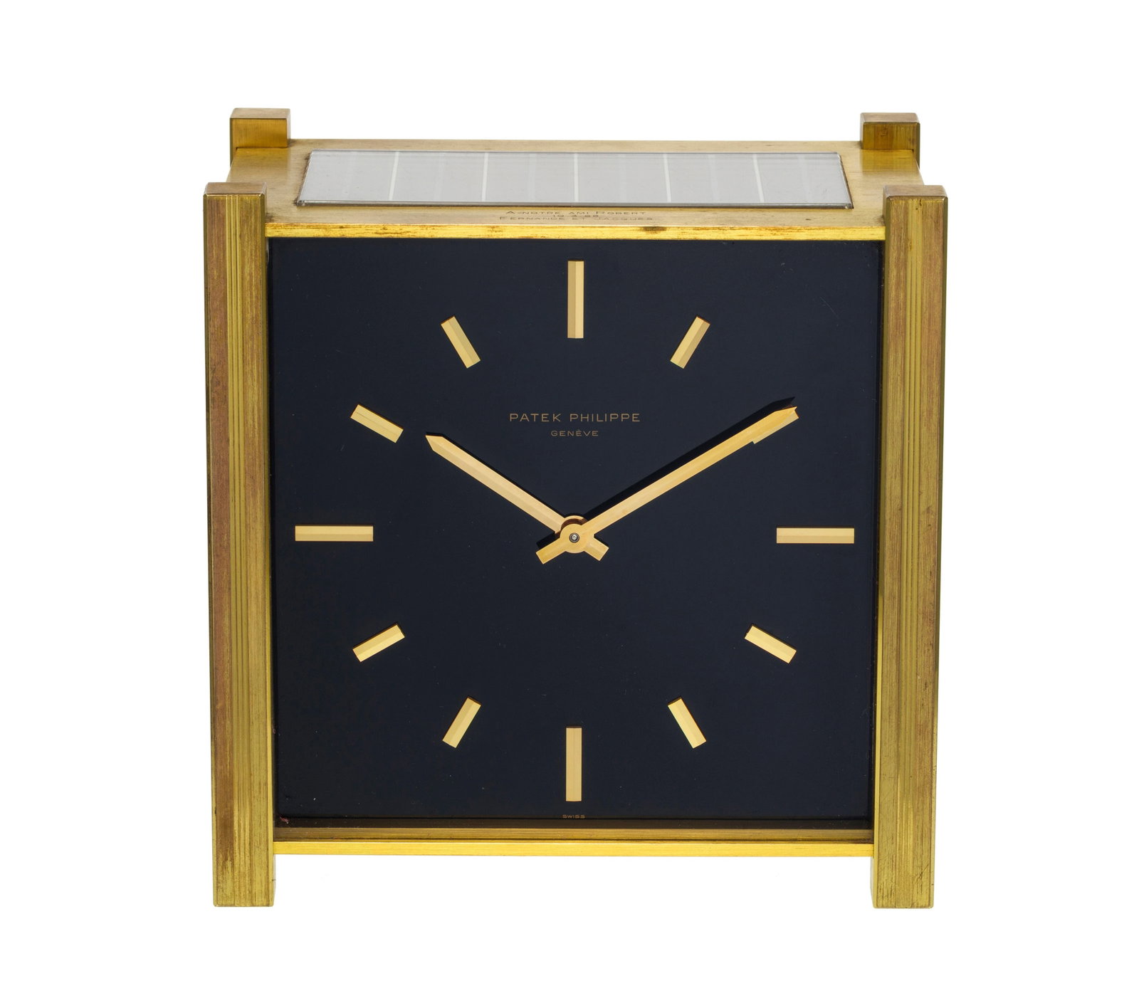Patek Philippe, pendulette solaire de bureau en laiton, années 1960 Mouvement: quartz entrain: Patek Philippe, pendulette solaire de bureau en laiton, années 1960 Mouvement: quartz entrainant un mouvement mécanique et cellule photoélectriques, n°874096 Boîtier: