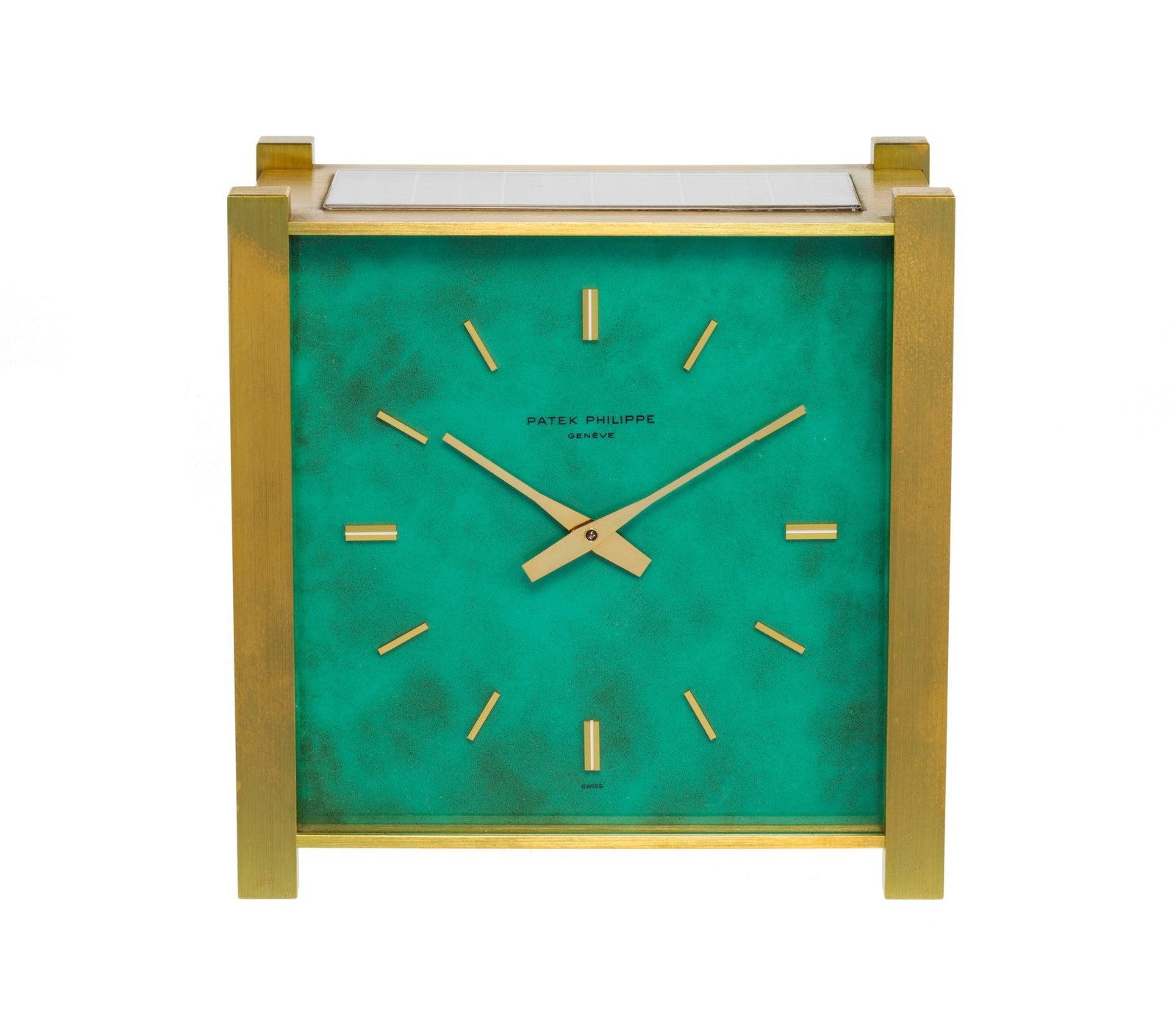 Patek Philippe, pendulette solaire de bureau en laiton et laque verte veinée Mouvement: quart (1 of 2)