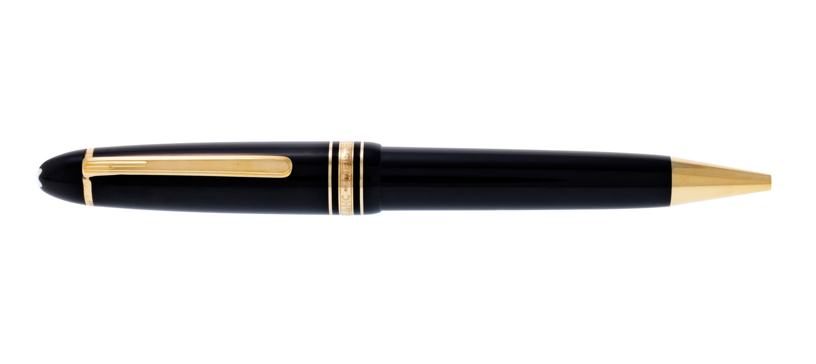 Montblanc, Meisterstück, stylo bille en métal doré et résine noire, signé, : Montblanc, Meisterstück, stylo bille en métal doré et résine noire, signé, numéroté YGL33L040, long. 14.5 cm Condition Bon état de conservation gén&