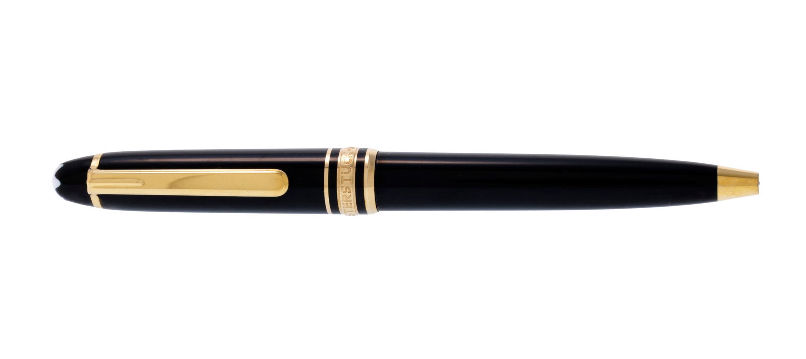 Montblanc, Meisterstück, stylo bille en résine noire et métal doré, signé, : Montblanc, Meisterstück, stylo bille en résine noire et métal doré, signé, numéroté, long. 10.5 cm Condition Bon état de conservation général.