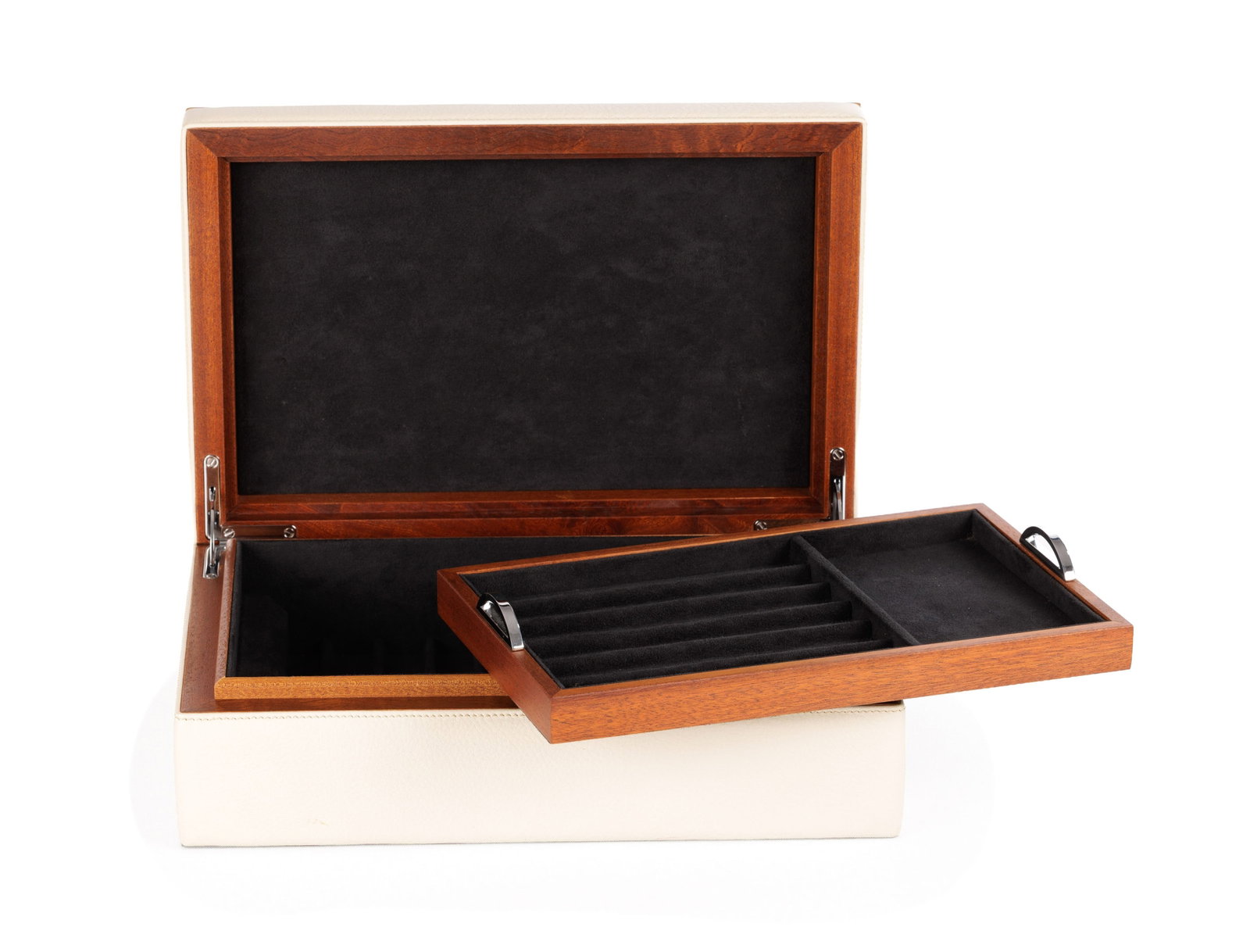 Naldi, boîte de rangement pour stylos en cuir beige et bois, intérieur gainé en daim : Naldi, boîte de rangement pour stylos en cuir beige et bois, intérieur gainé en daim noir avec détails en métal argenté, 30x20x10 cm