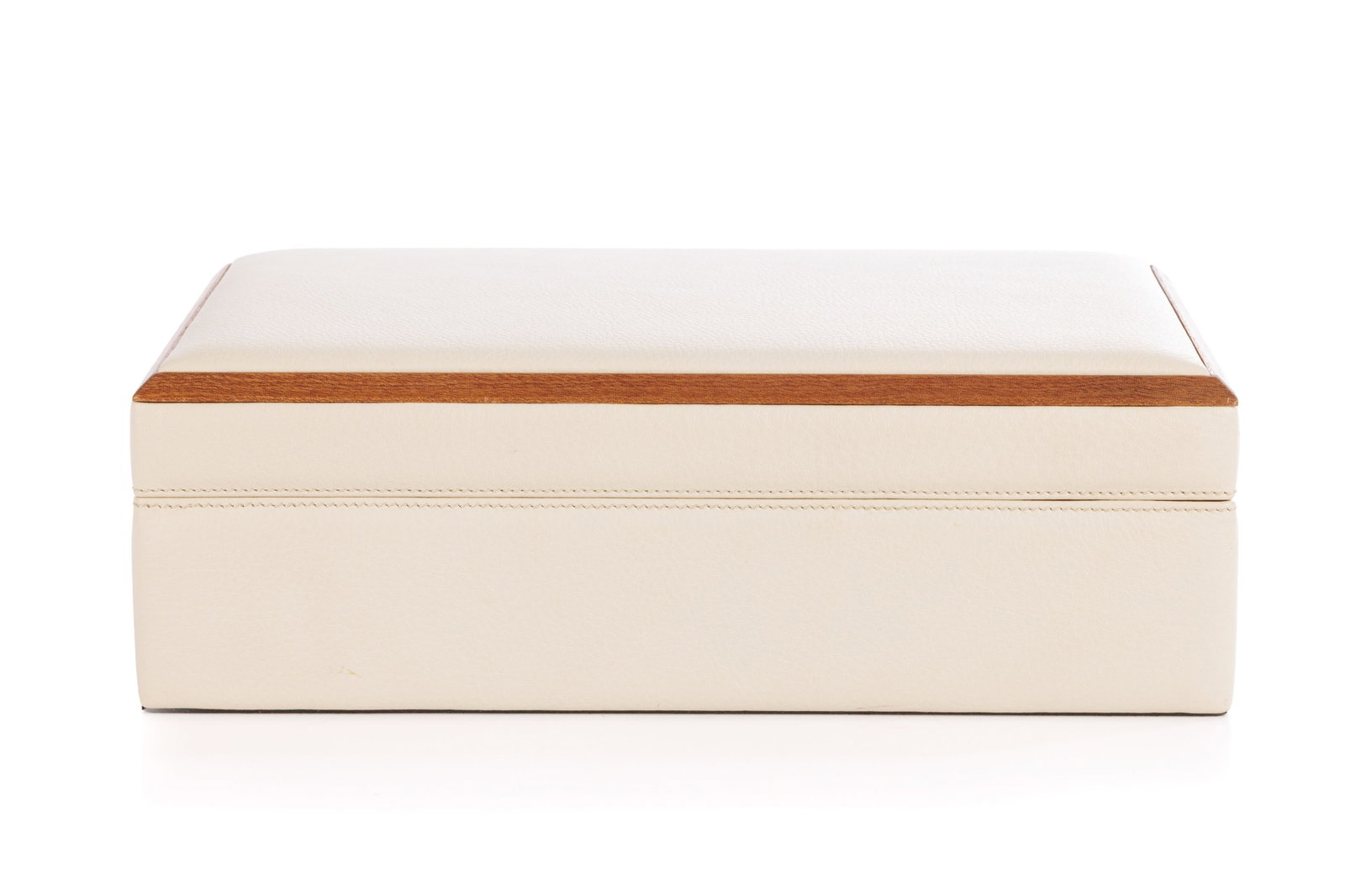 Naldi, boîte de rangement pour stylos en cuir beige et bois, intérieur gainé en daim  - 2