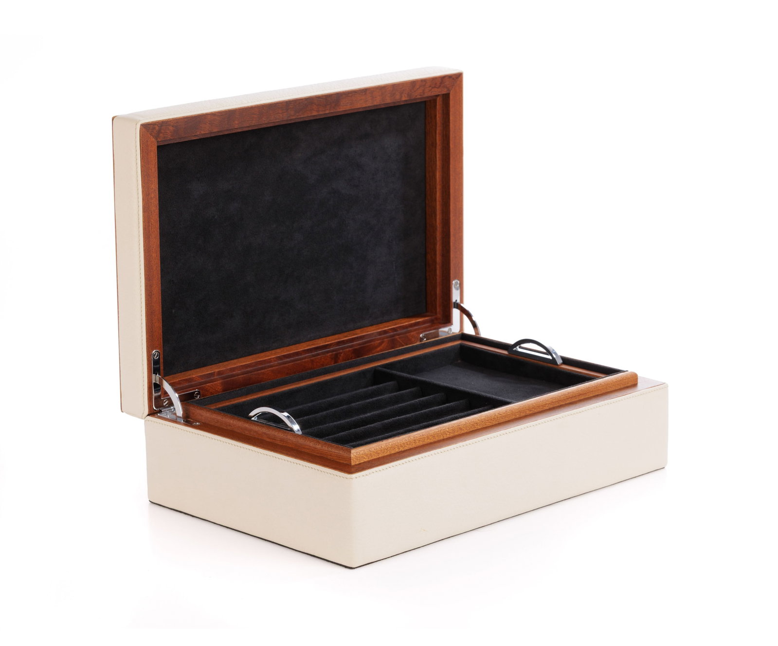 Naldi, boîte de rangement pour stylos en cuir beige et bois, intérieur gainé en daim  - 3